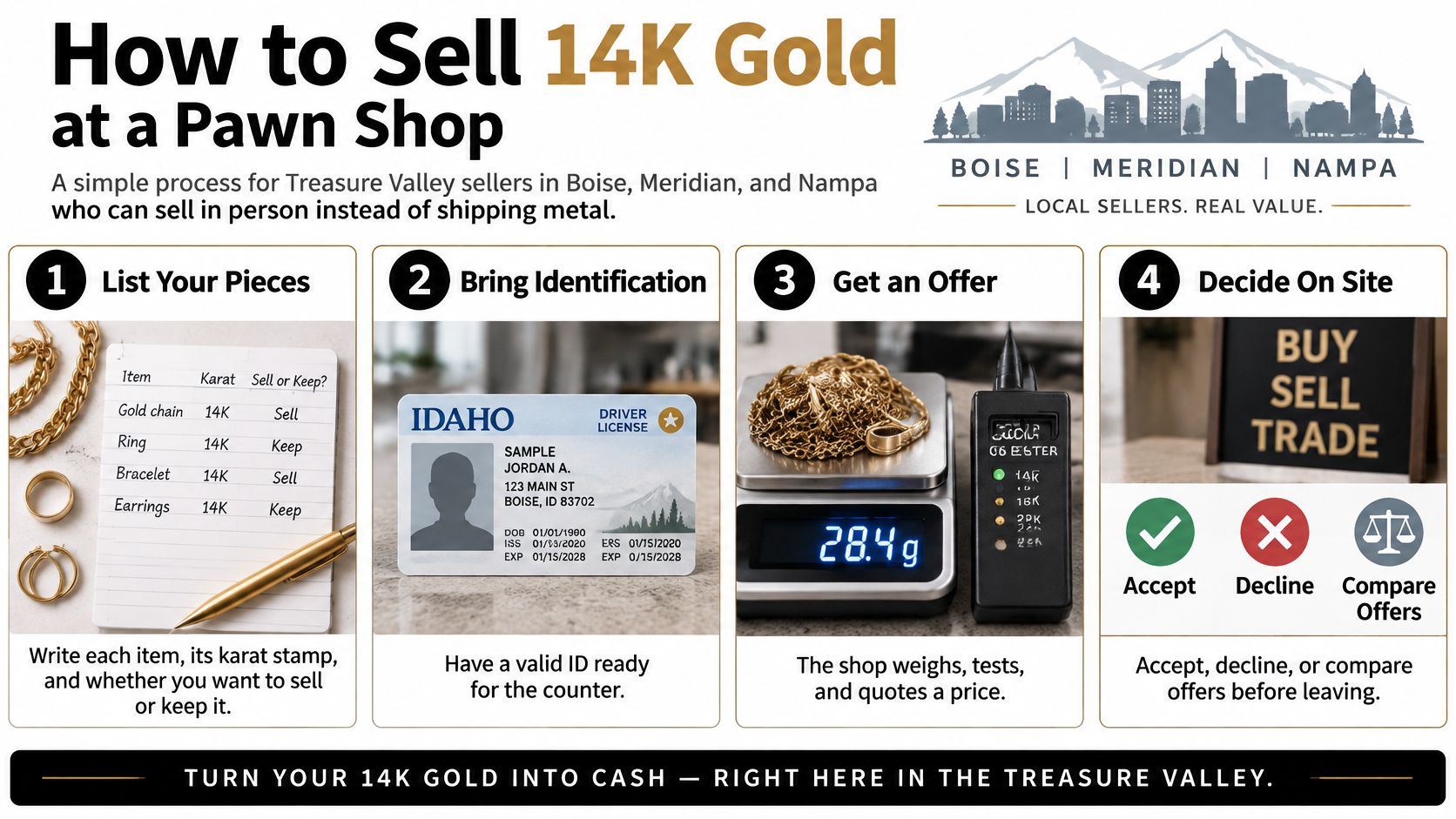 A four-step infographic illustrating how to sell 14k gold jewelry at a pawn shop.