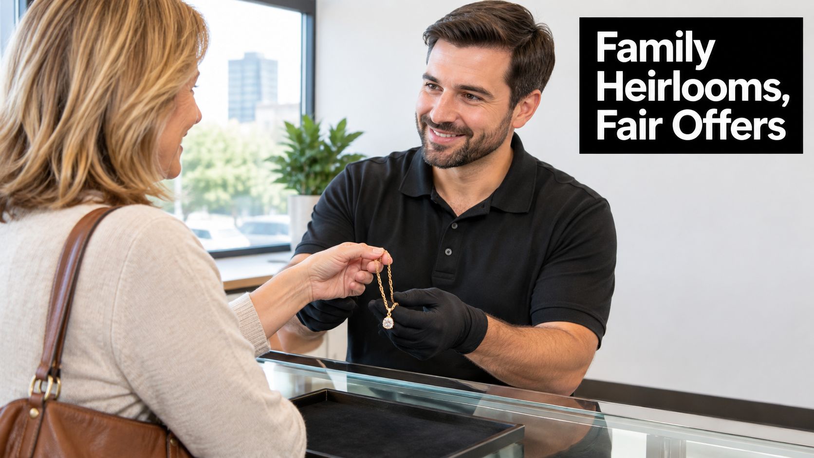 A professional jeweler with black gloves inspects a gold necklace presented by a female customer at counter.
