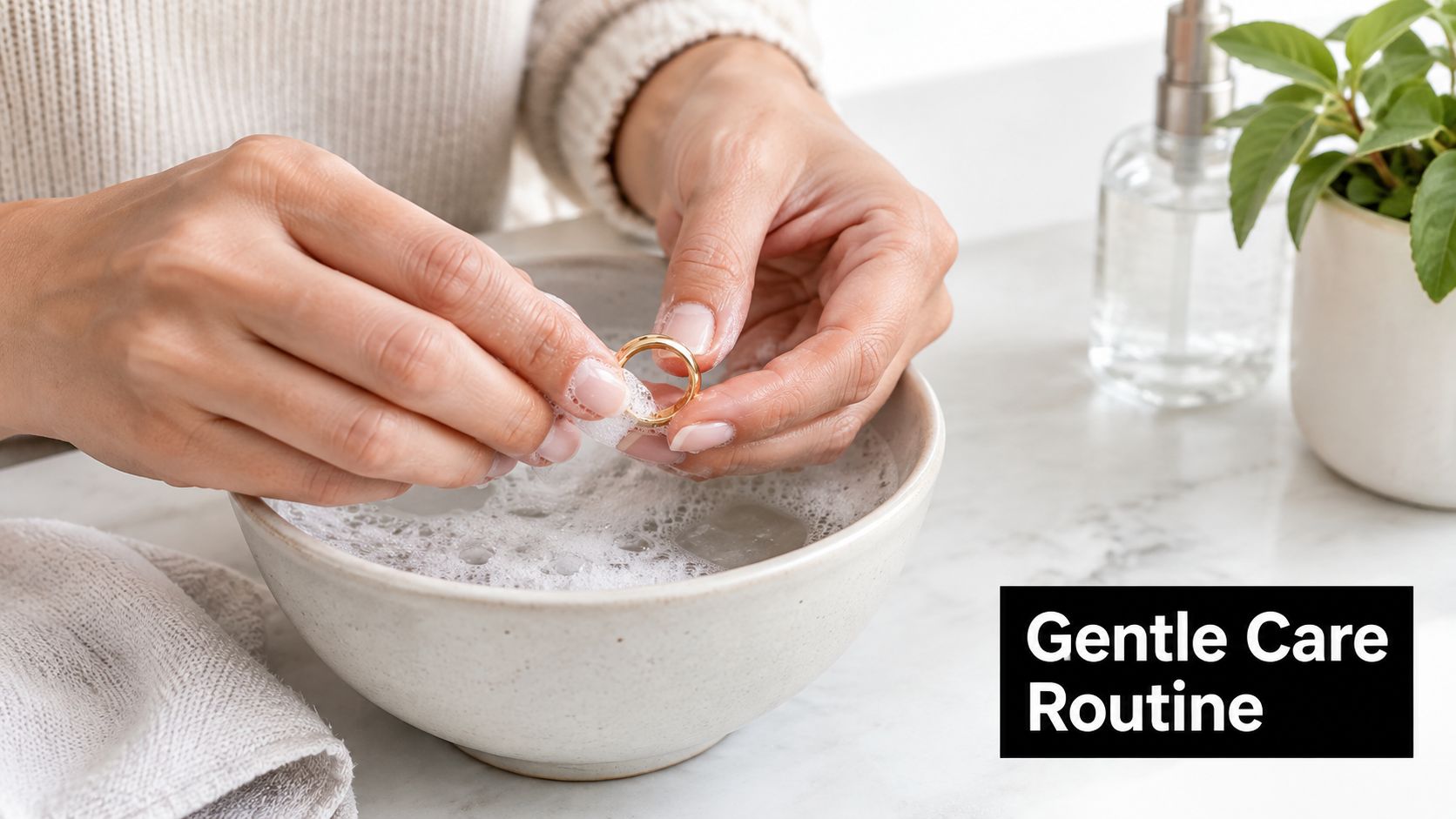 A person gently cleans a 14k gold keepsake ring in a small bowl of soapy water.