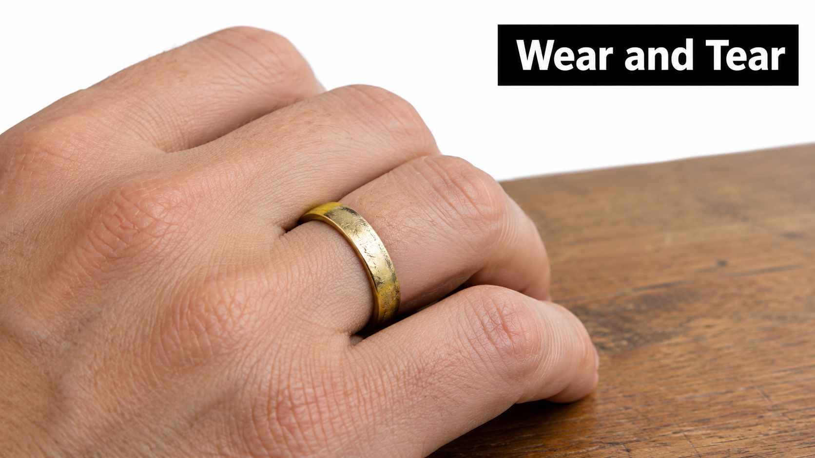 A close-up shot of a person's hand wearing a weathered 18kt gold electroplated ring on the finger.