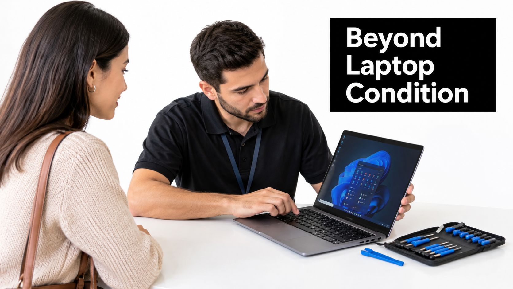 A repair technician explains a laptop issue to a customer while using a toolkit on the table.
