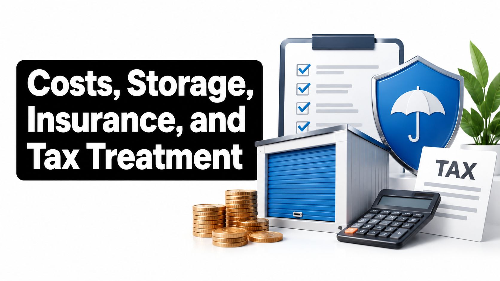 A conceptual 3D render illustrating concepts of gold investments, including storage, insurance, and tax treatment.