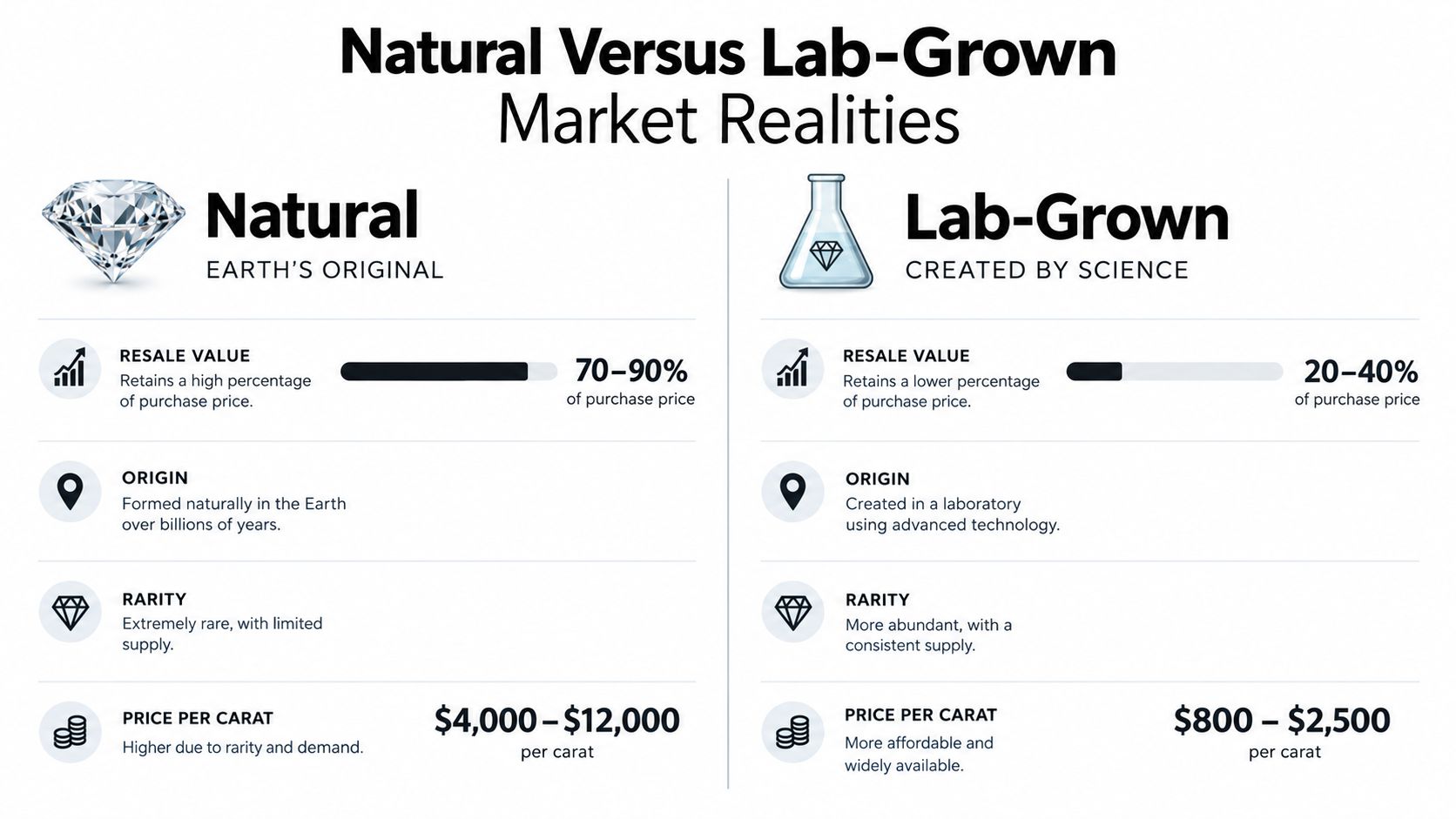 A comparison chart showing the differences in value, origin, and price between natural and lab-grown diamonds.