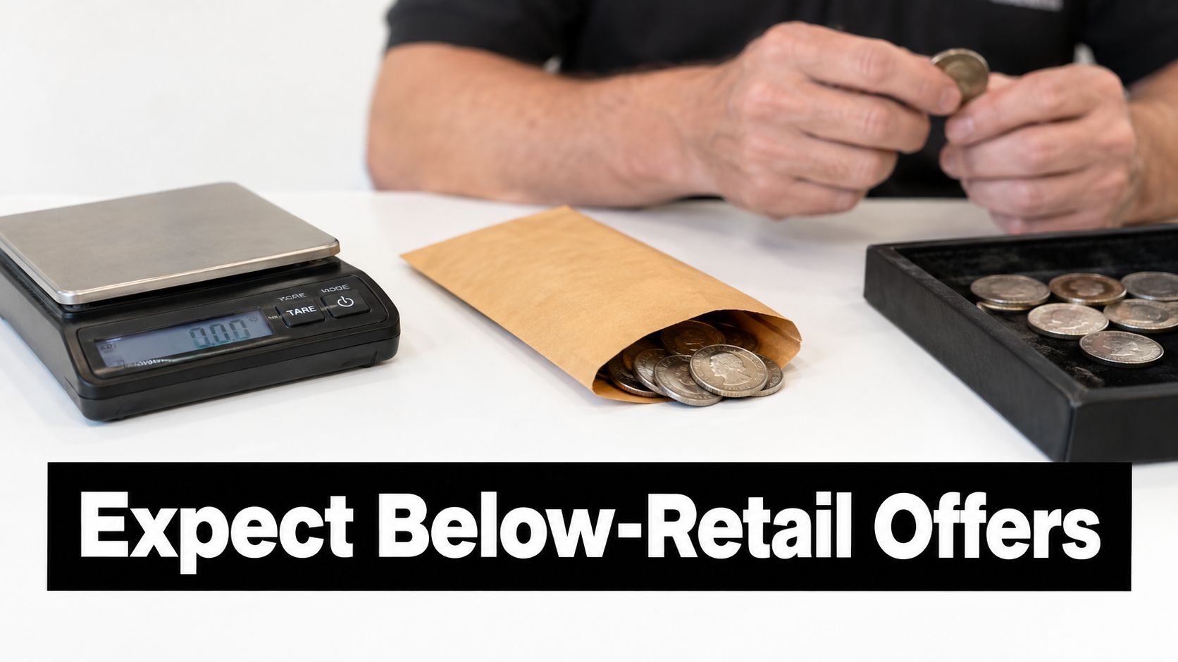 A person handling vintage silver coins near a digital scale and an envelope on a white table.