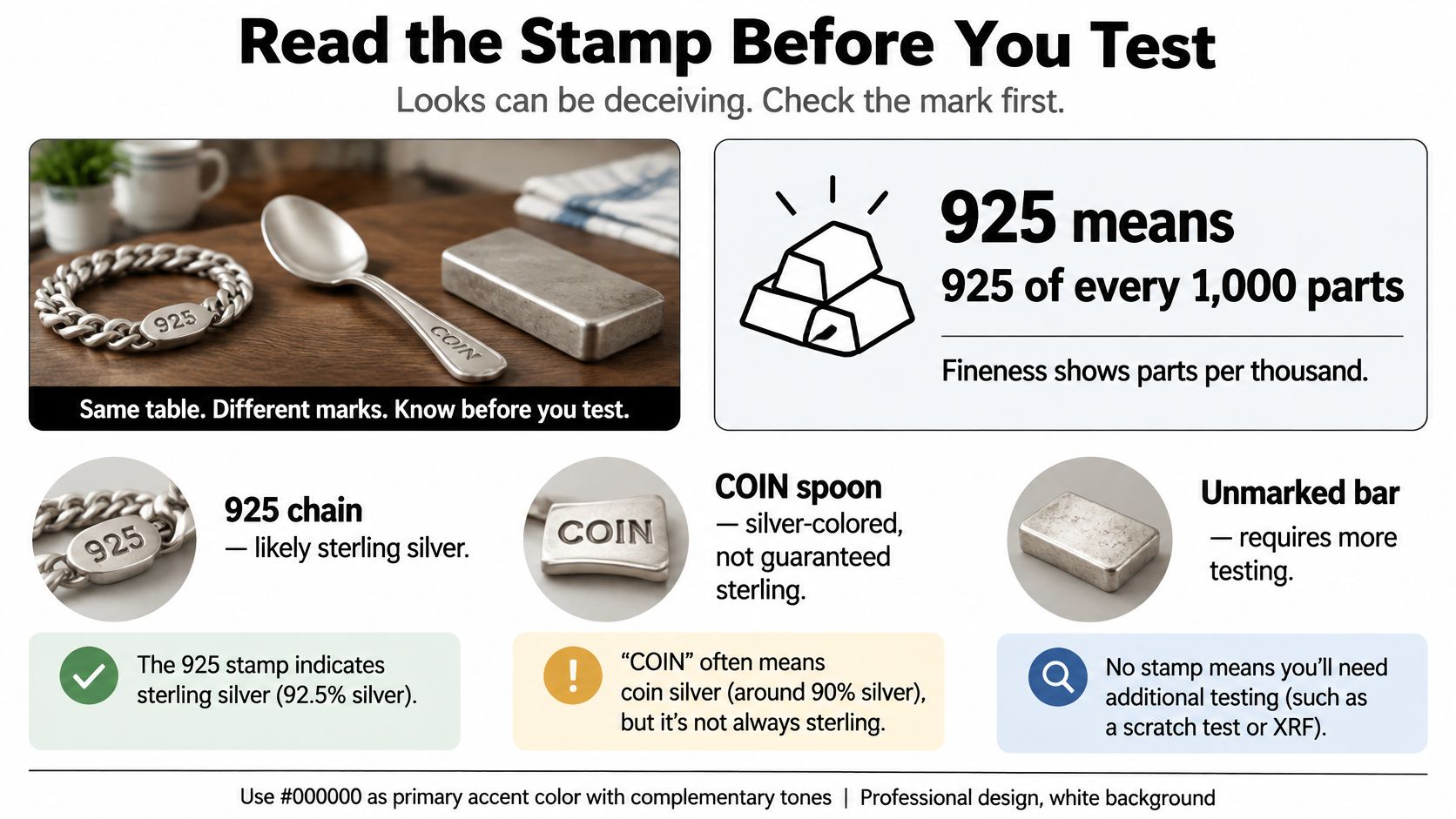 An infographic explaining how to identify silver purity by checking stamps on items like chains and coins.