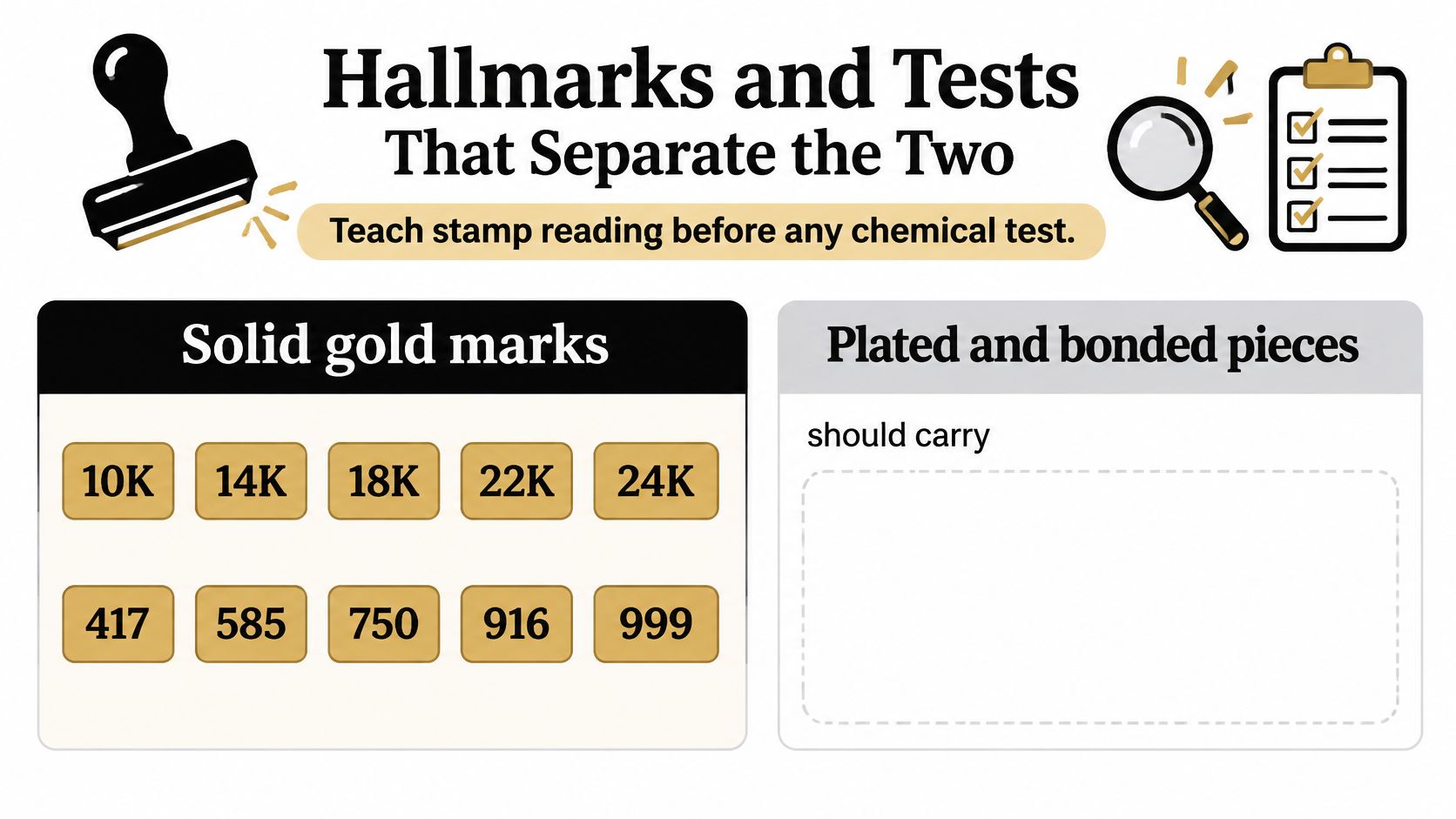 An educational chart displaying solid gold hallmarks and identifying the difference between solid and plated gold jewelry.