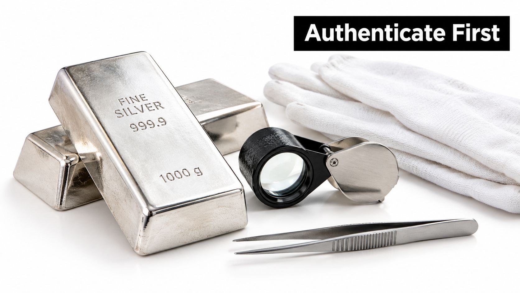 Two silver bullion bars with a jeweler's loupe, metal tweezers, and white cotton gloves.