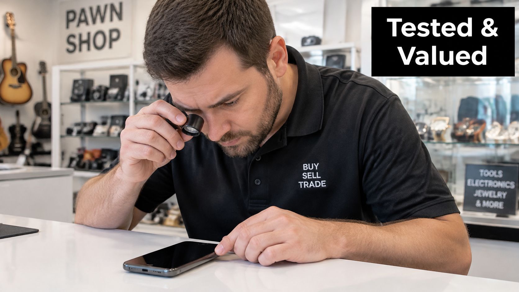 A professional appraiser carefully inspects a pre-owned smartphone with a jeweler's loupe in a pawn shop.