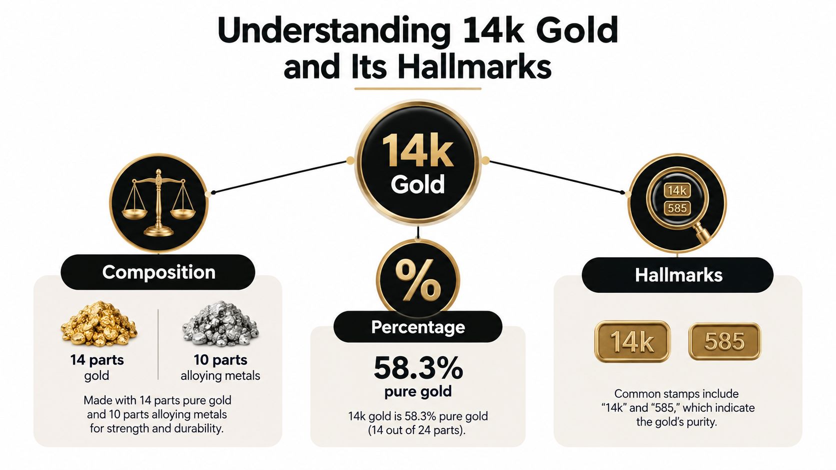 An infographic explaining that 14k gold consists of 14 parts gold and 10 parts alloying metals for durability.