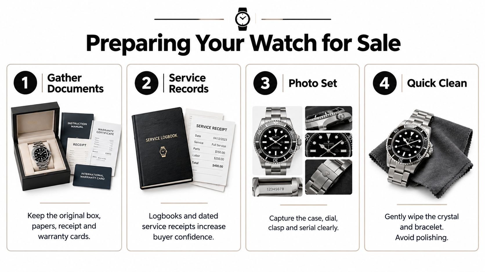 An infographic showing four steps to prepare a luxury watch for sale, including documentation, service records, photography, and cleaning.