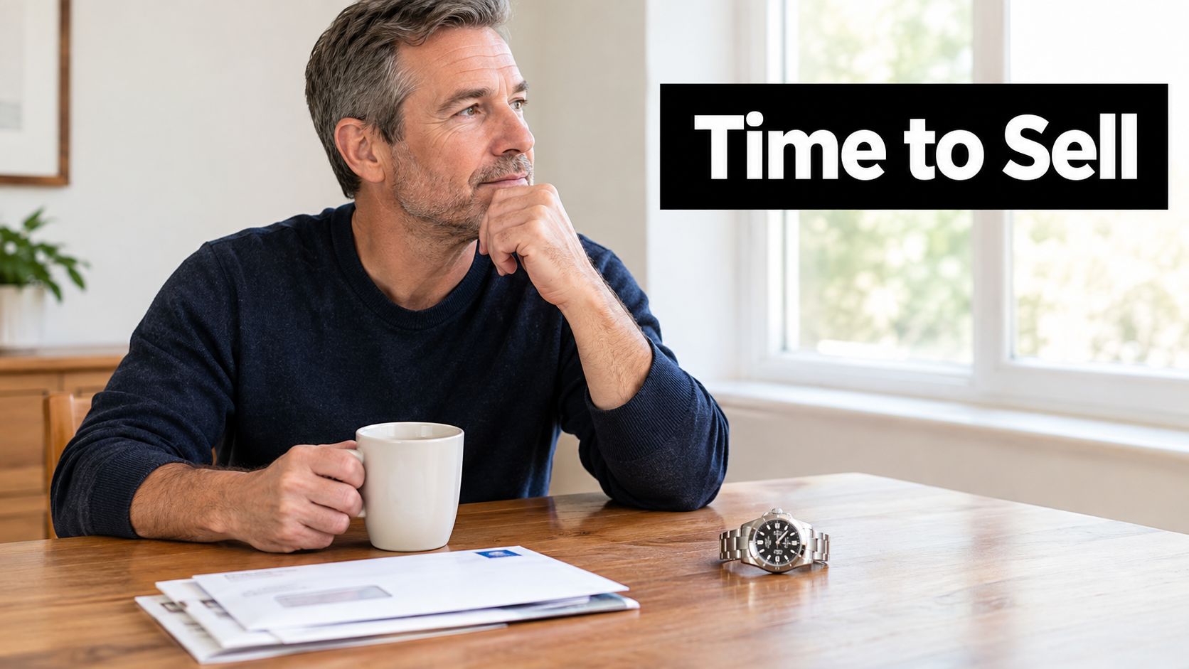 A middle-aged man sitting at a wooden table thinking, with a watch and mail in front of him.
