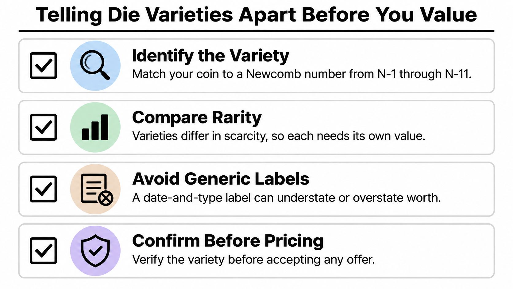 A list of four essential steps for identifying die varieties when valuing 1827 large cent coins.