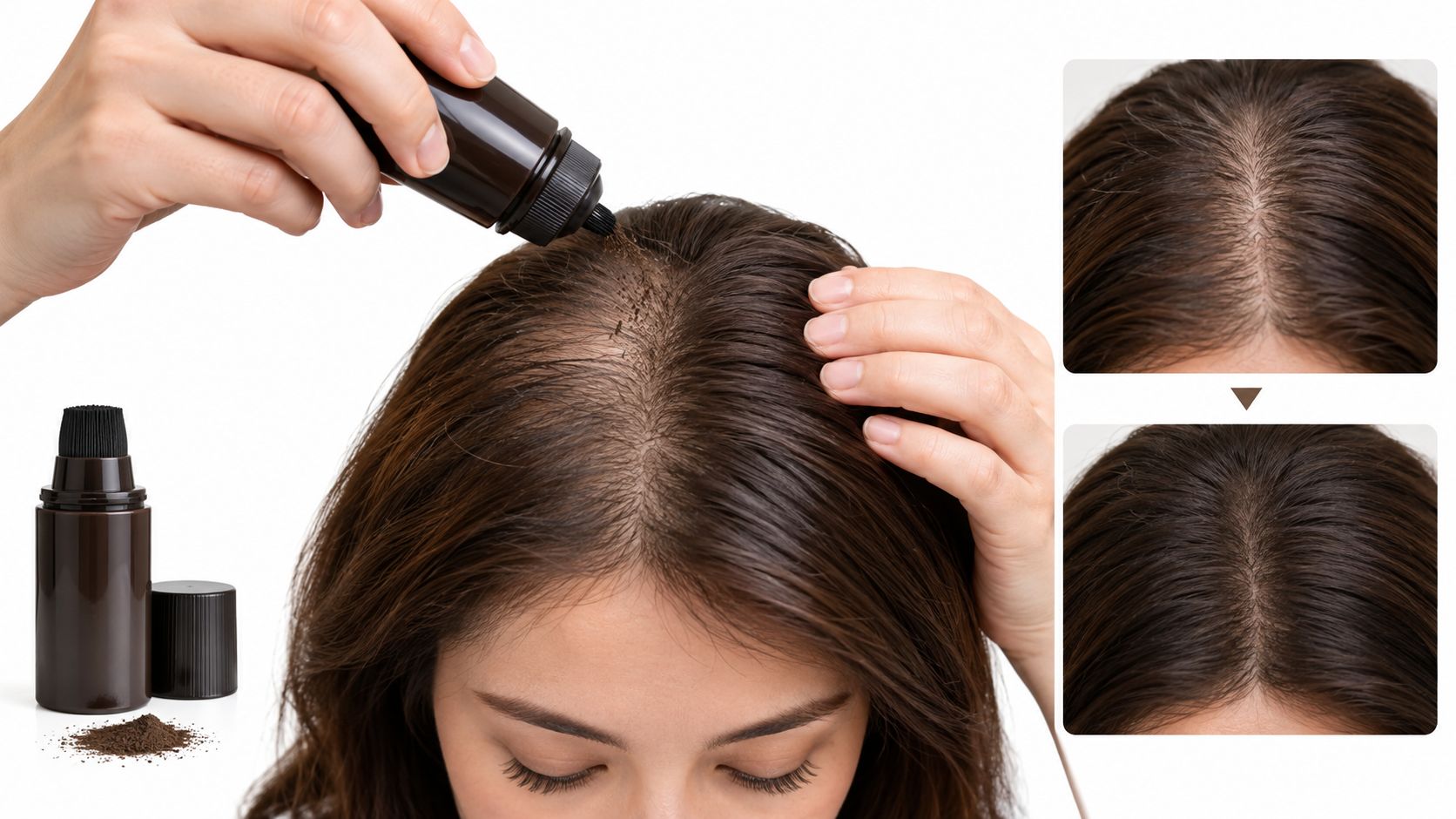 A woman applying hair thickening fiber powder to her scalp to cover thinning hair and roots.