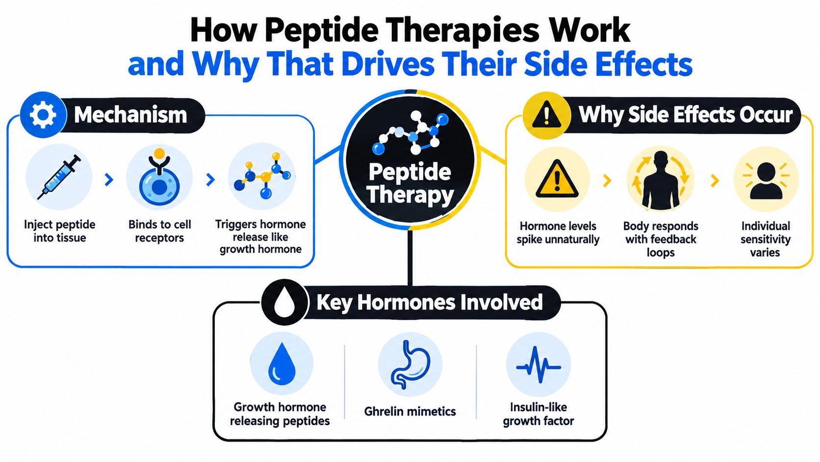 A diagram explaining how peptide therapies function and the biological reasons behind their potential side effects.