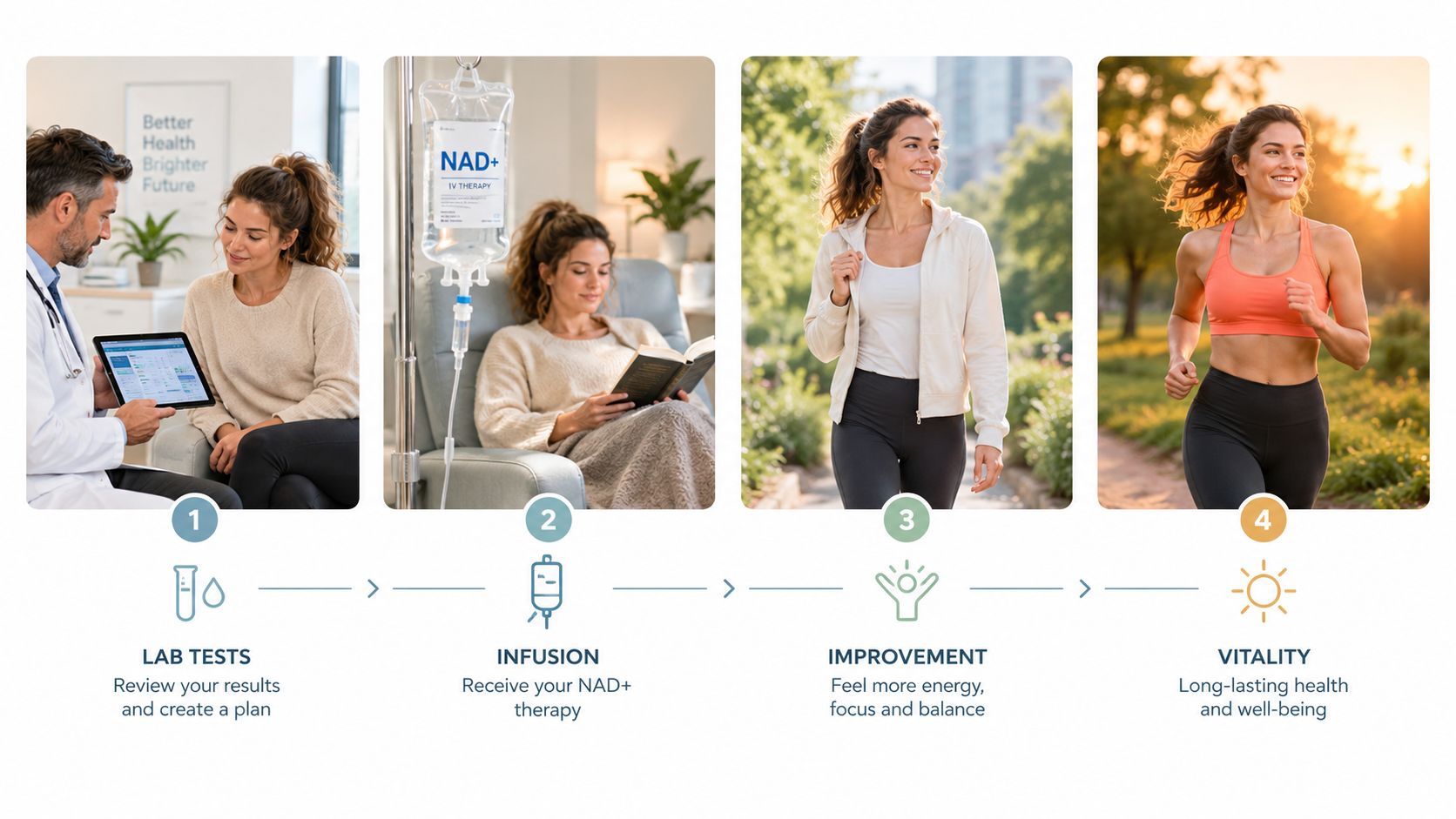 A four-step visual guide showing a patient consulting a doctor, receiving NAD+ IV infusion therapy, and enjoying improved vitality.