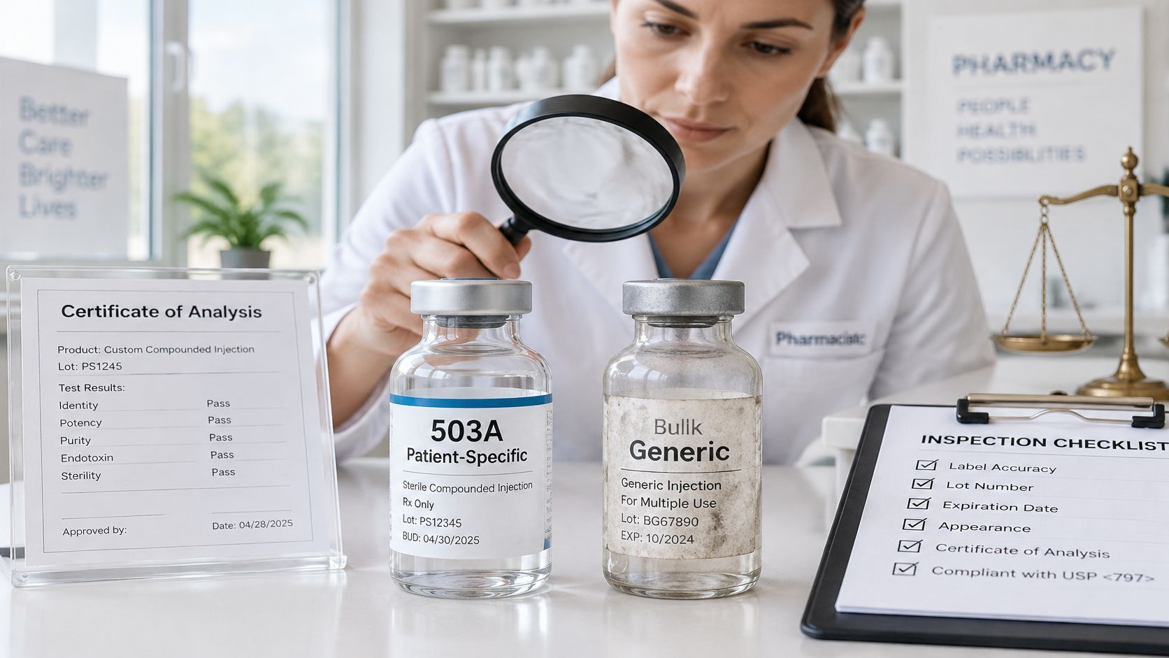 A pharmacist carefully inspects medication vials with a magnifying glass while reviewing a certificate of analysis document.