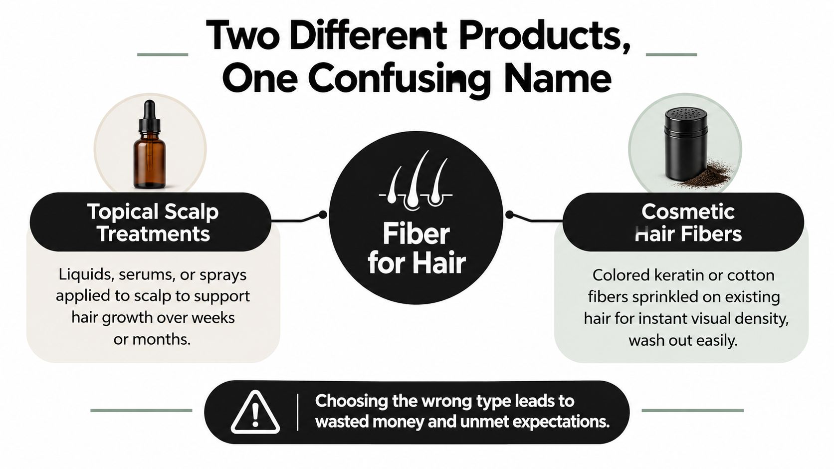An infographic comparing topical scalp treatments for hair growth and cosmetic hair fibers for instant density.