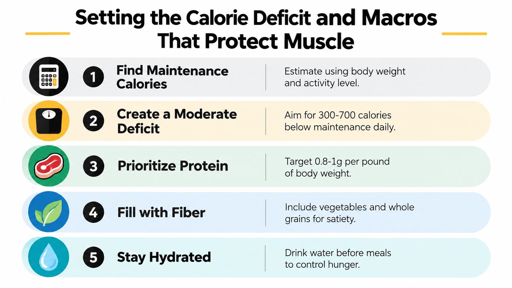 An infographic titled Setting the Calorie Deficit and Macros That Protect Muscle listing five essential nutritional steps.