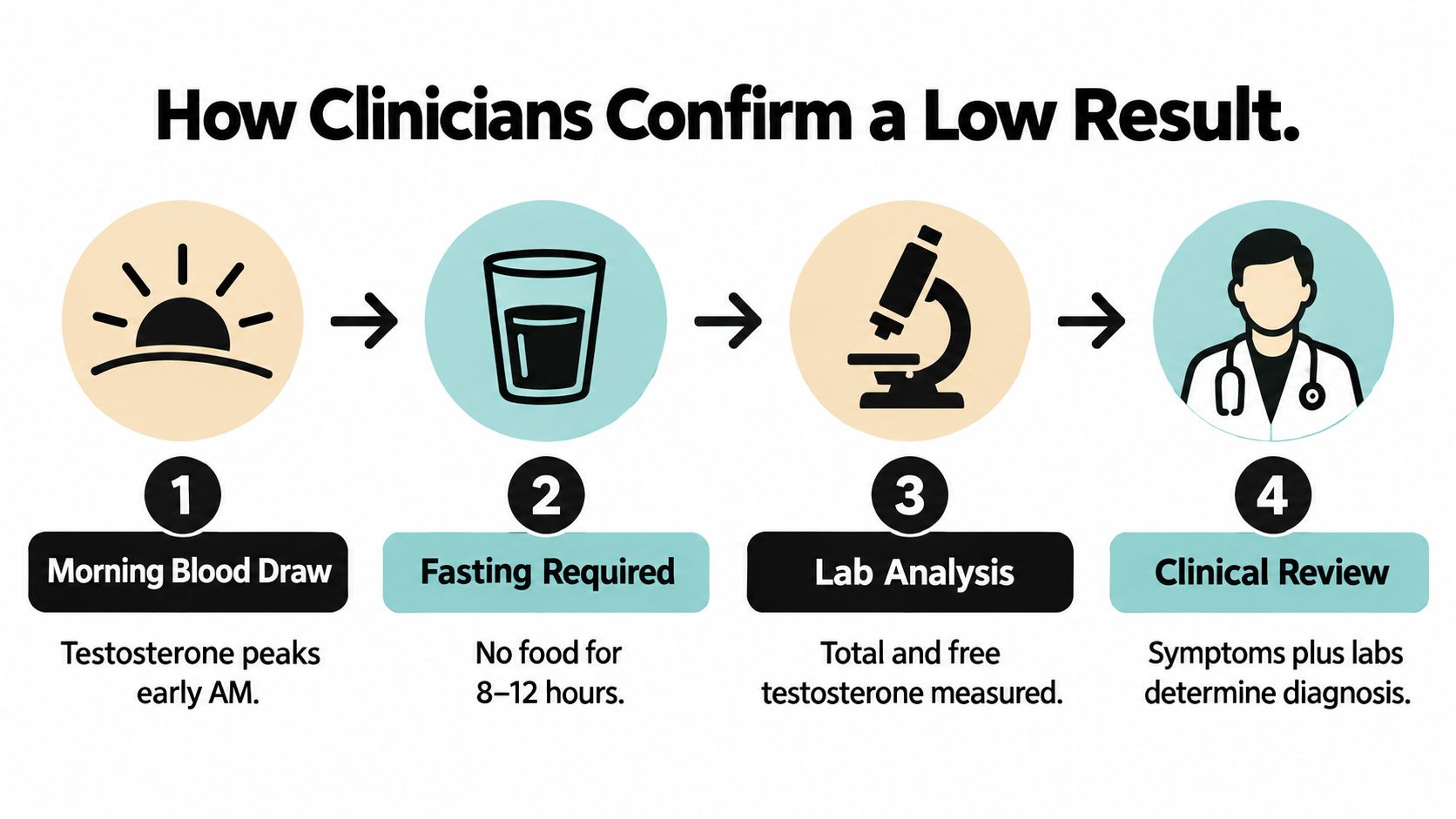 A four-step infographic illustrating the clinical process for confirming low testosterone levels via blood testing and review.