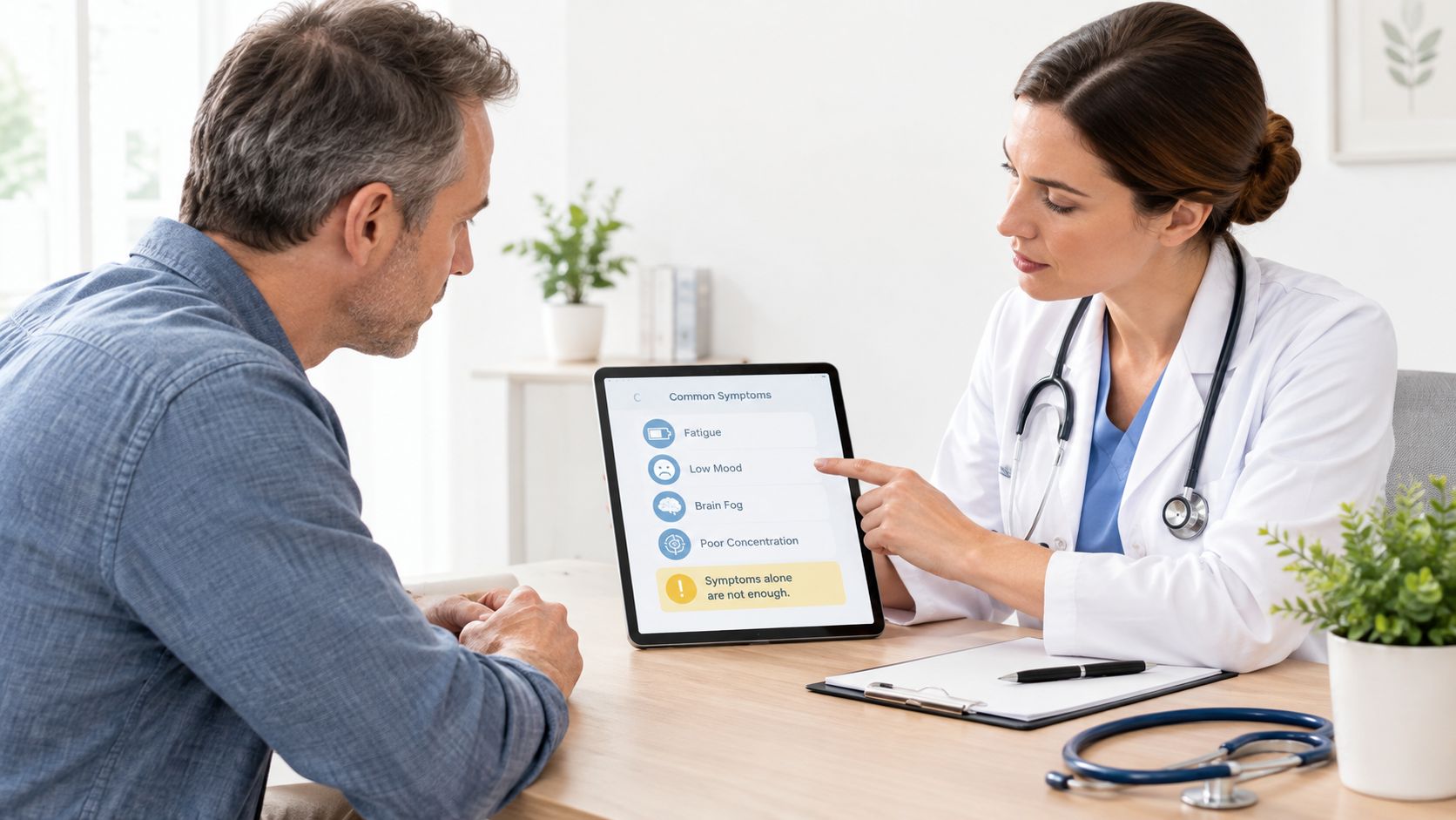 A female doctor pointing at a tablet displaying common symptoms to a male patient in an office.