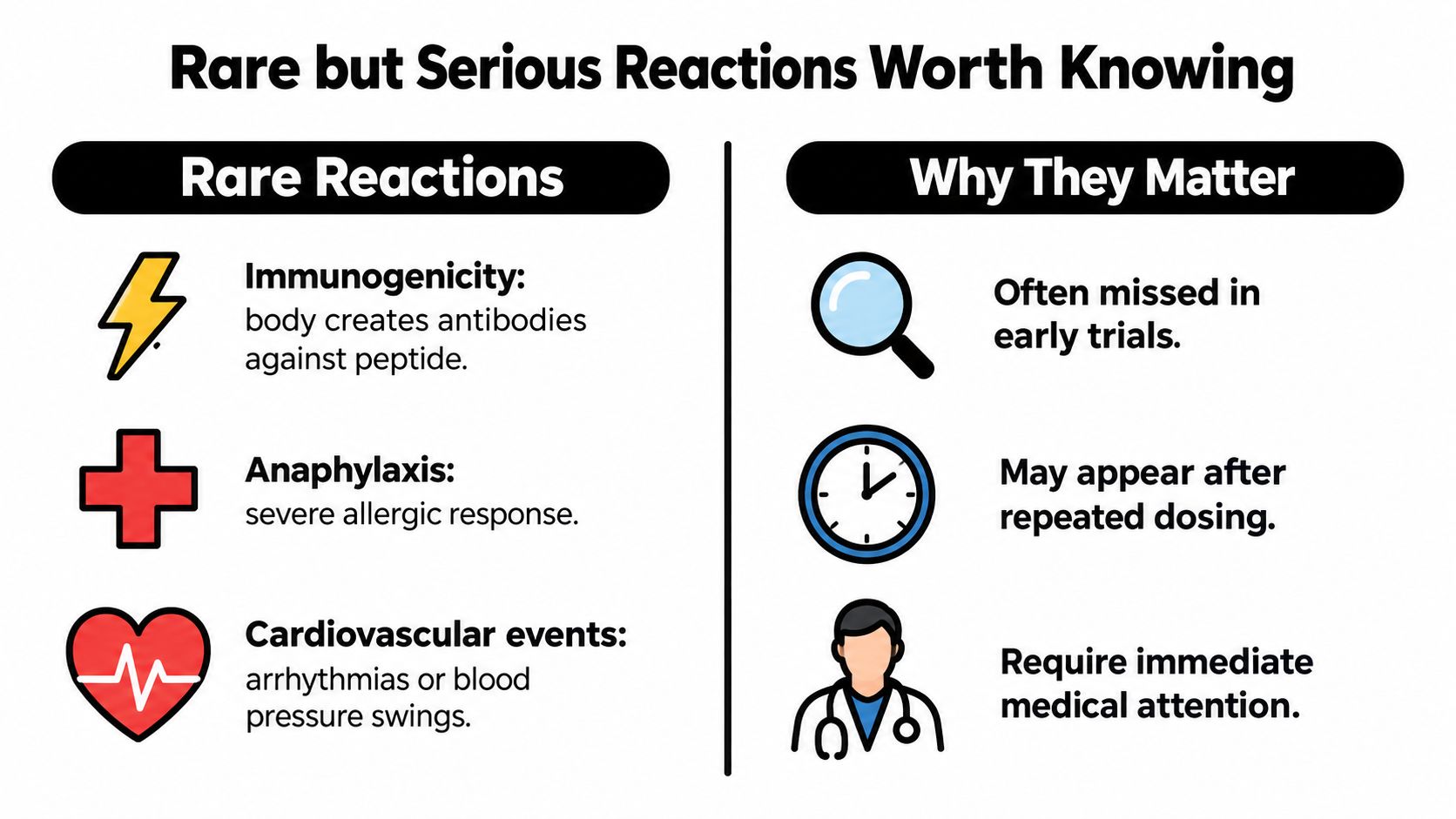 A visual guide detailing rare but serious side effects of peptide therapy including immunogenicity, anaphylaxis, and cardiovascular events.