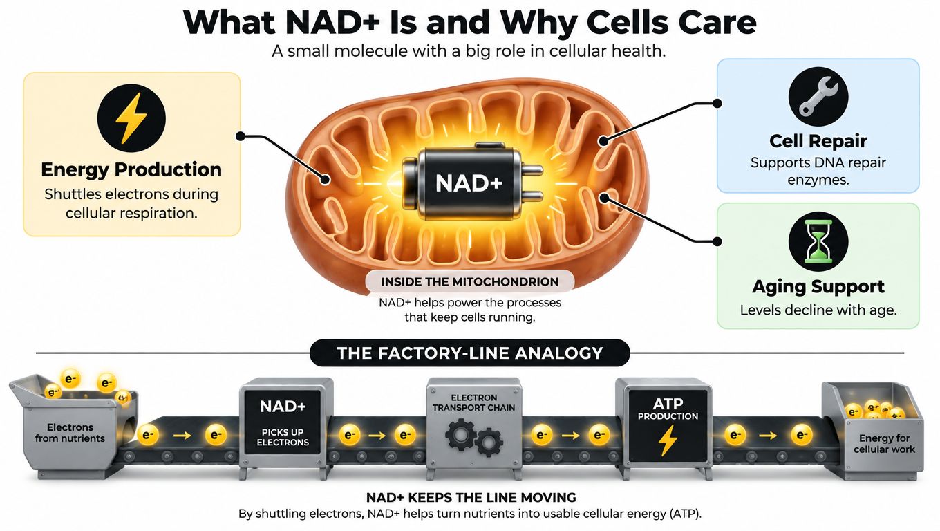 A diagram explaining how NAD+ functions in mitochondria for energy production, cell repair, and aging support.