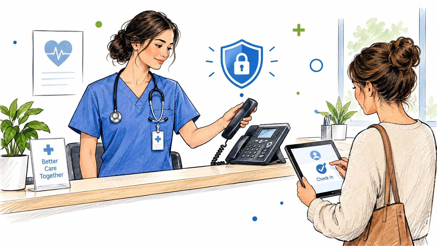 A friendly nurse interacting with a patient who is checking in using a tablet at a clinic desk.