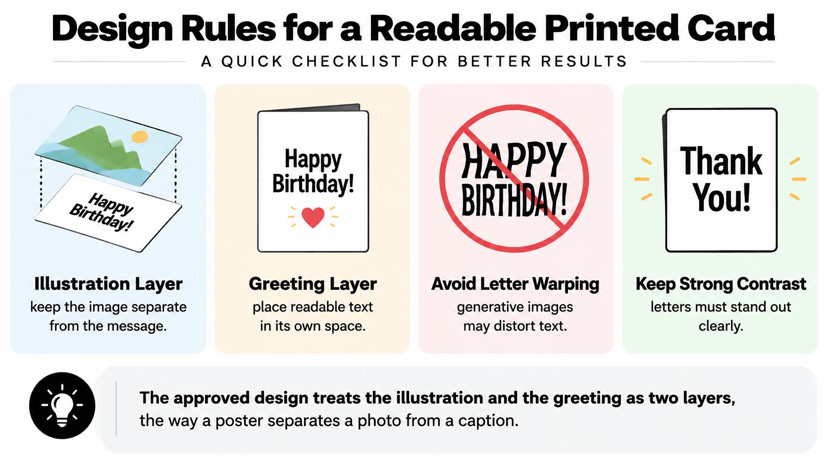 An infographic titled Design Rules for a Readable Printed Card offering four tips for professional card creation.