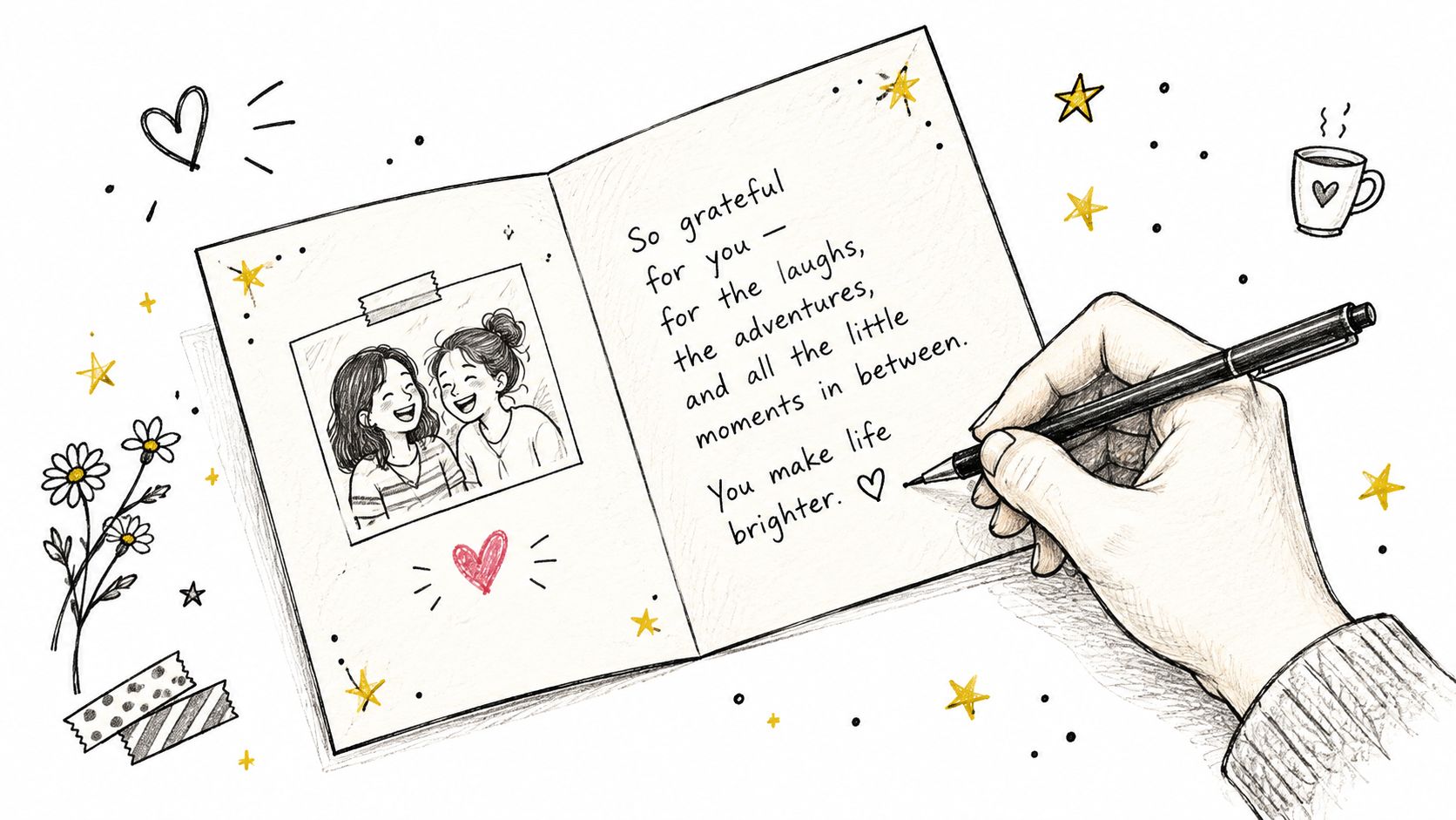 A hand writing a sentimental note inside a greeting card featuring a photo of two friends.