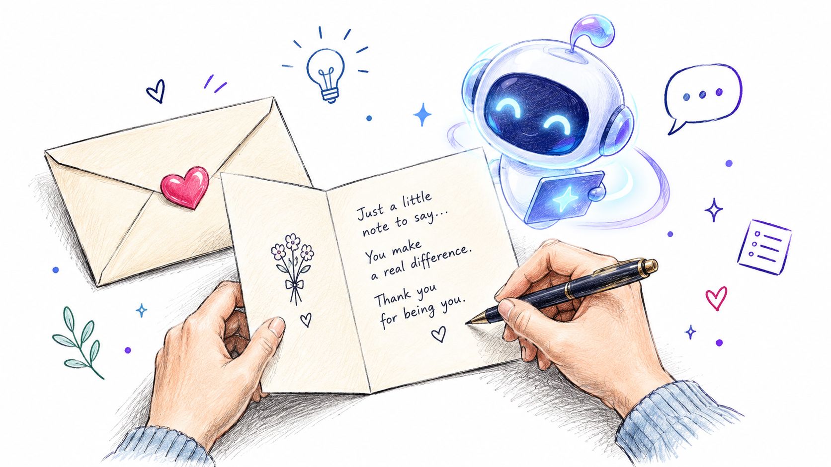 A pair of hands writing a personalized thank you note with a cartoon robot watching nearby.