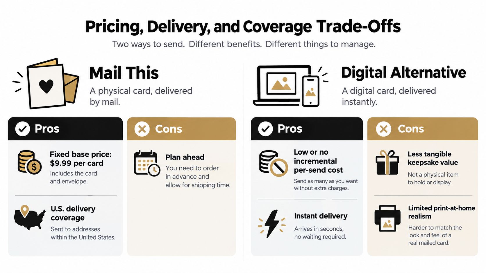 A comparison chart outlining the pros and cons of sending physical mail versus digital greeting cards.