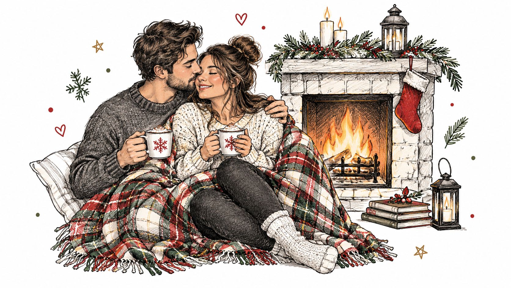 A romantic couple cuddled under a plaid blanket in front of a cozy fireplace with hot cocoa.