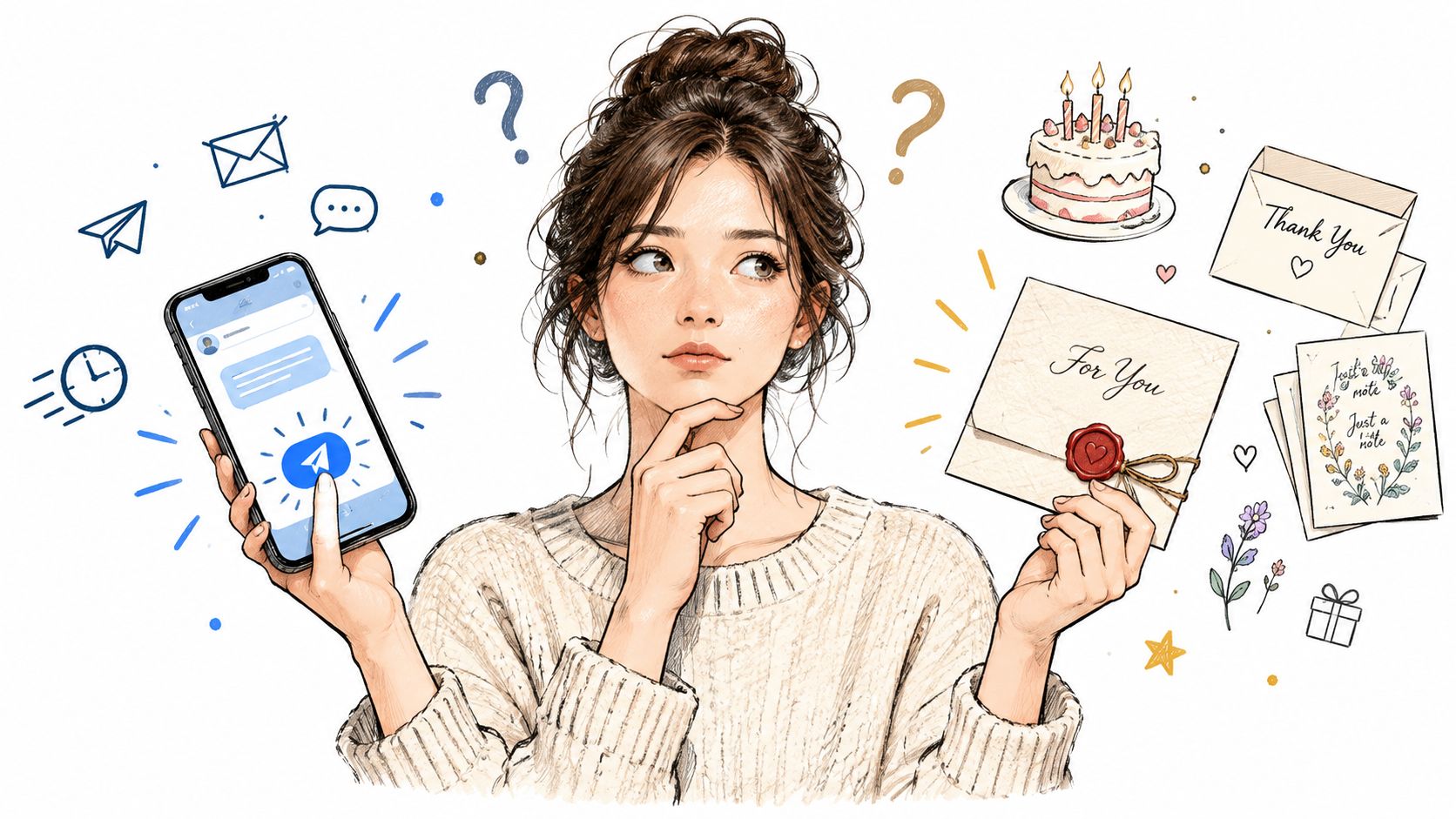A woman contemplating between using digital messaging apps or sending handwritten letters and traditional greeting cards.