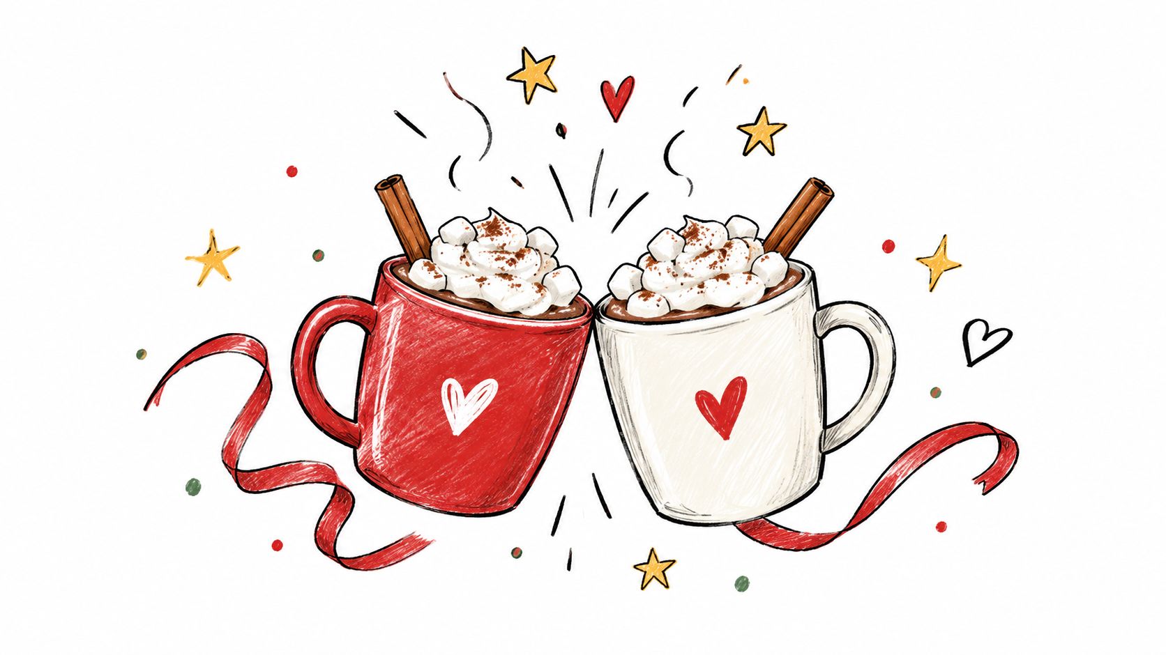 A hand-drawn illustration of a red and a white mug filled with hot cocoa and marshmallows.
