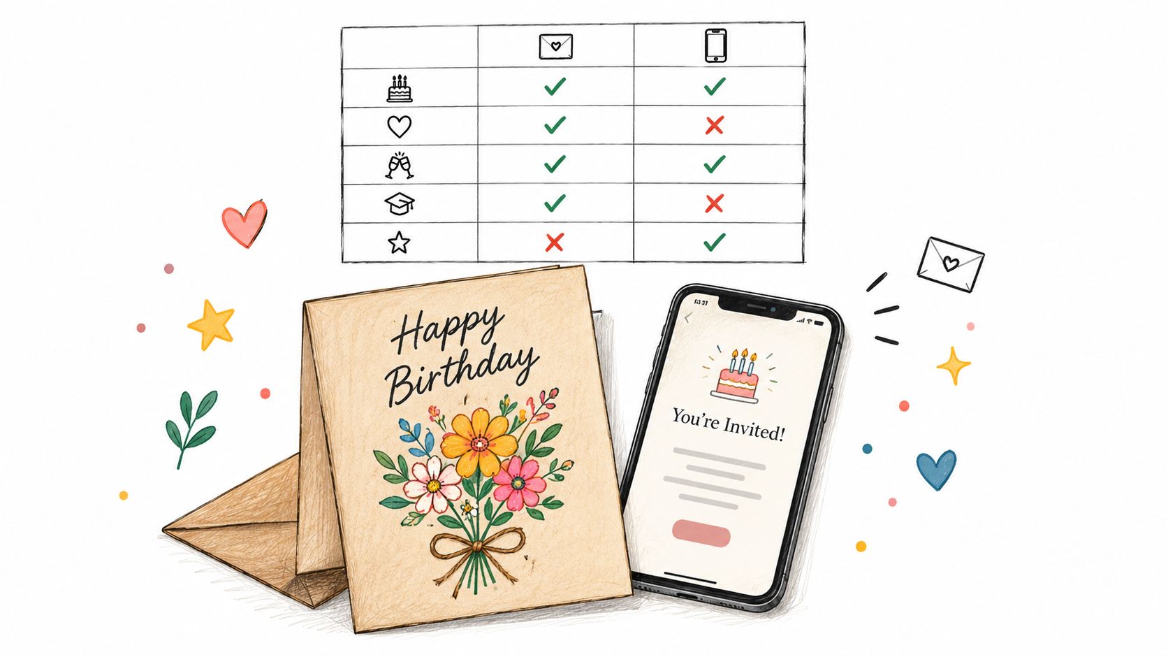 A comparison chart showing features for physical cards versus digital mobile invitations with icons for different occasions.