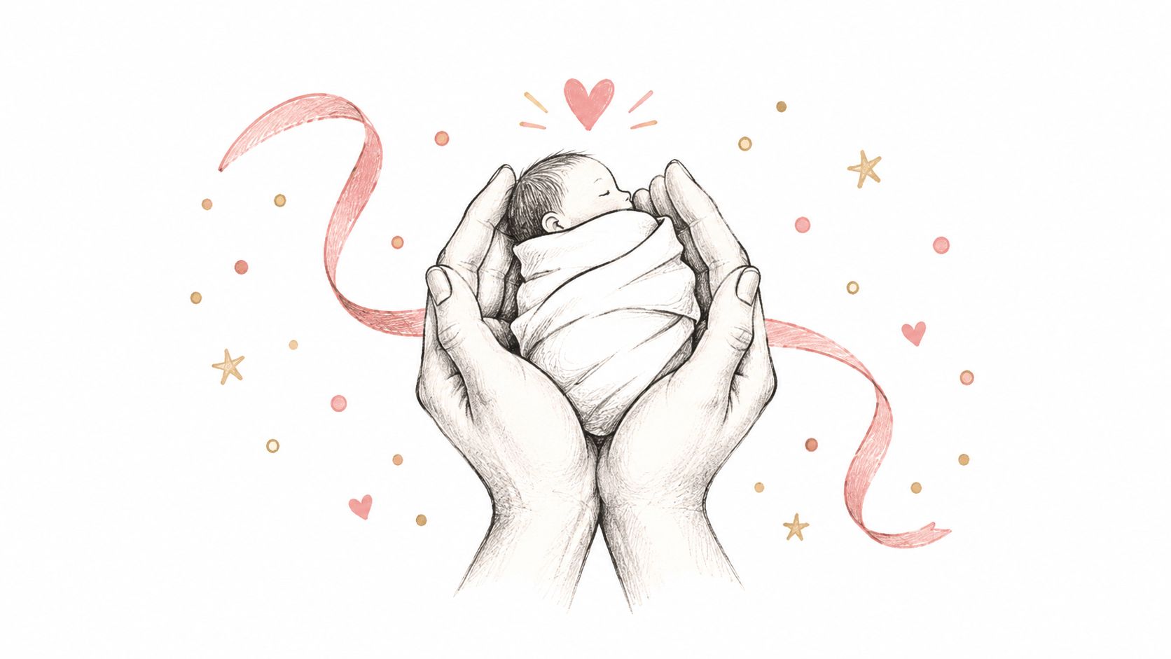 A pencil sketch of two gentle adult hands cradling a peaceful, swaddled newborn baby surrounded by confetti