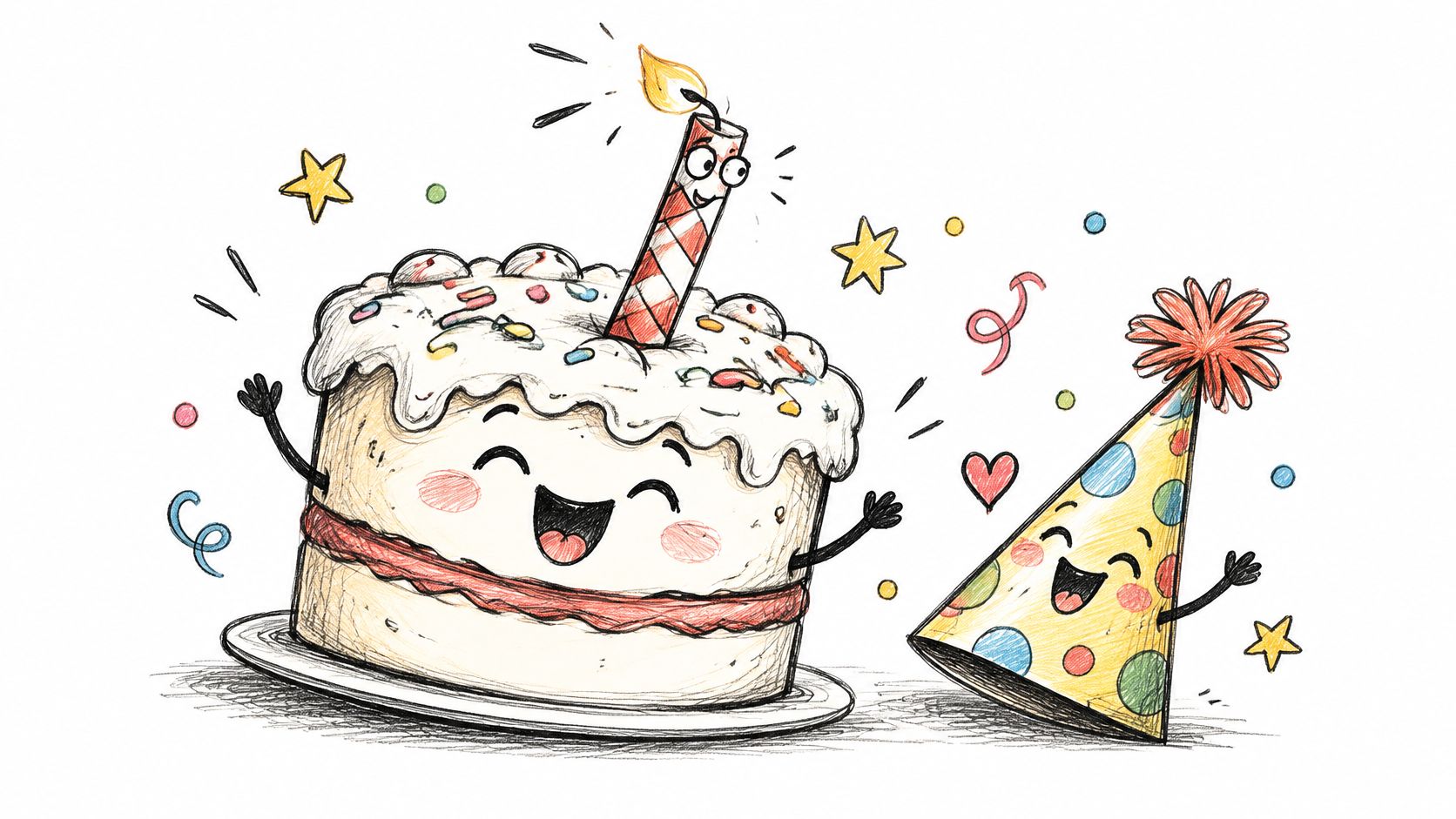 A cute cartoon drawing of a happy birthday cake with a candle and a party hat celebrating.