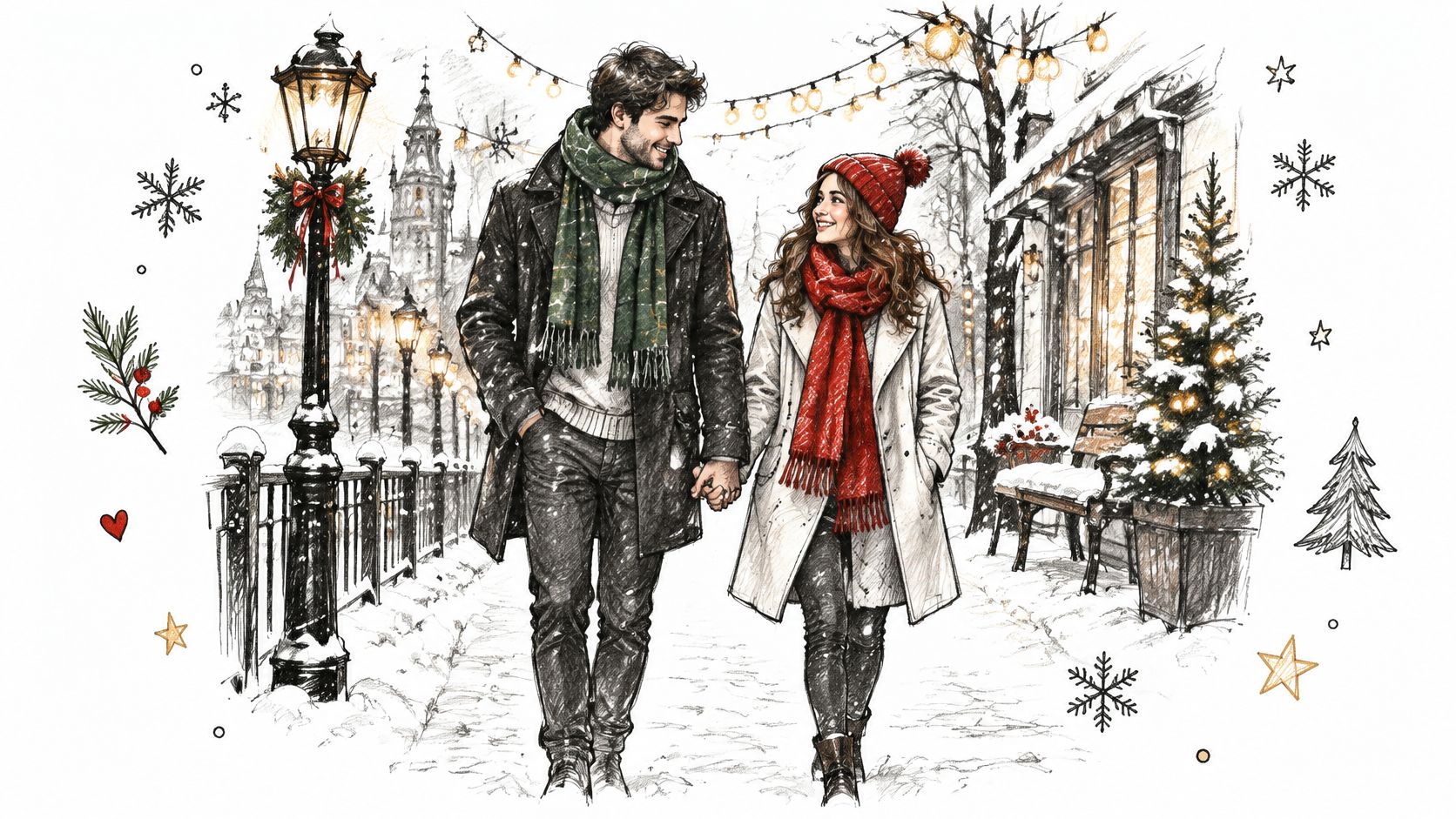 A romantic couple walking hand in hand through a festive snowy street decorated with Christmas lights.