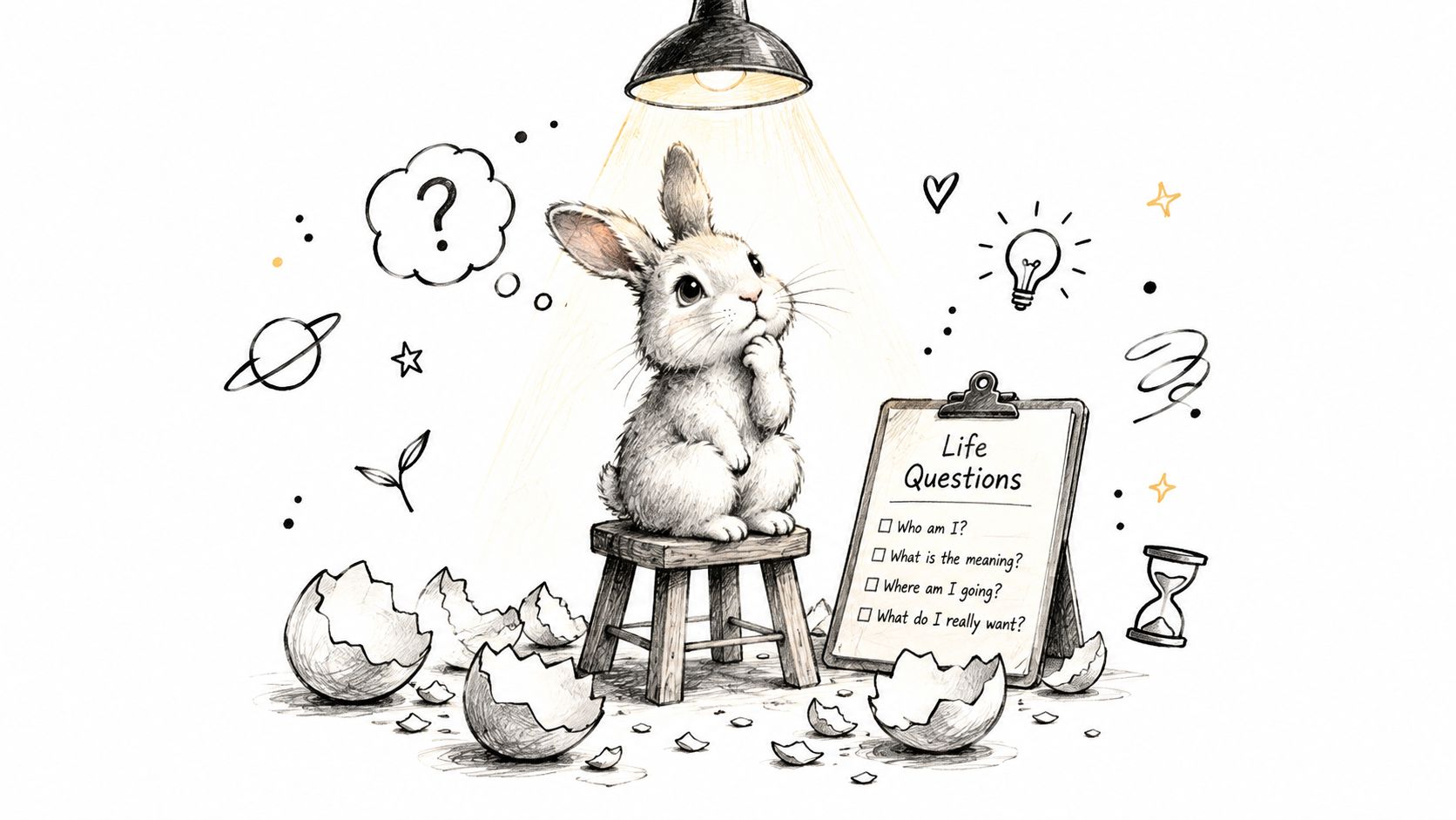 A cute white bunny sitting on a stool under a lamp, contemplating deep life questions on a clipboard.
