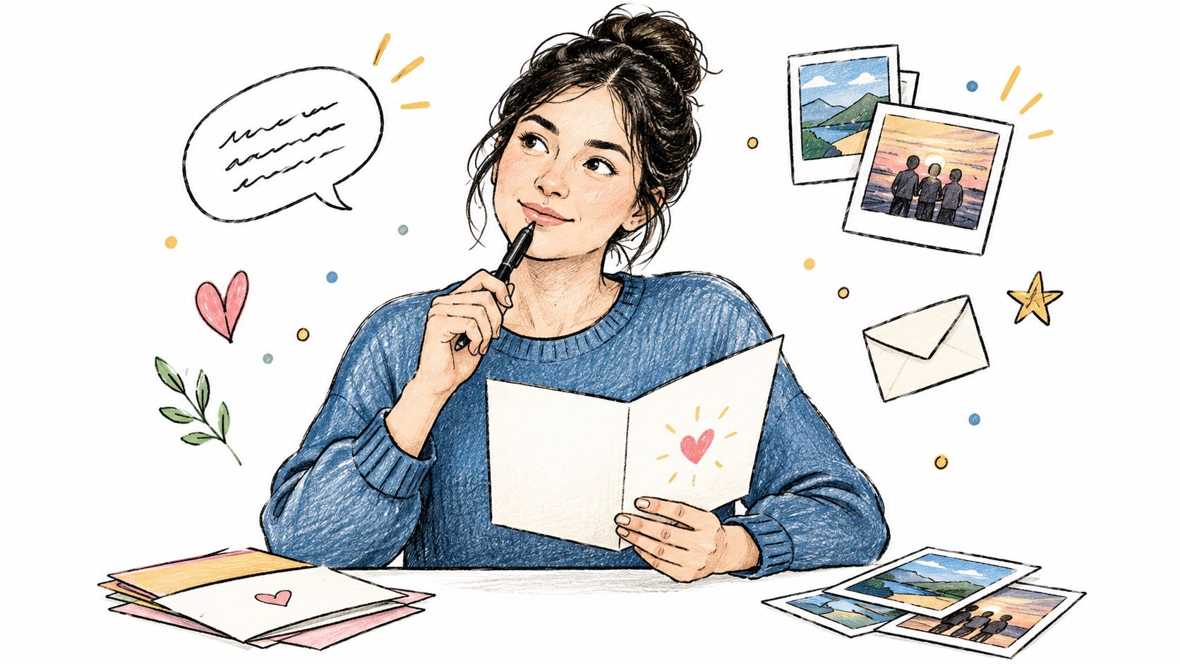 A young woman thoughtfully holding a pen while writing a handwritten greeting card with heart illustrations.