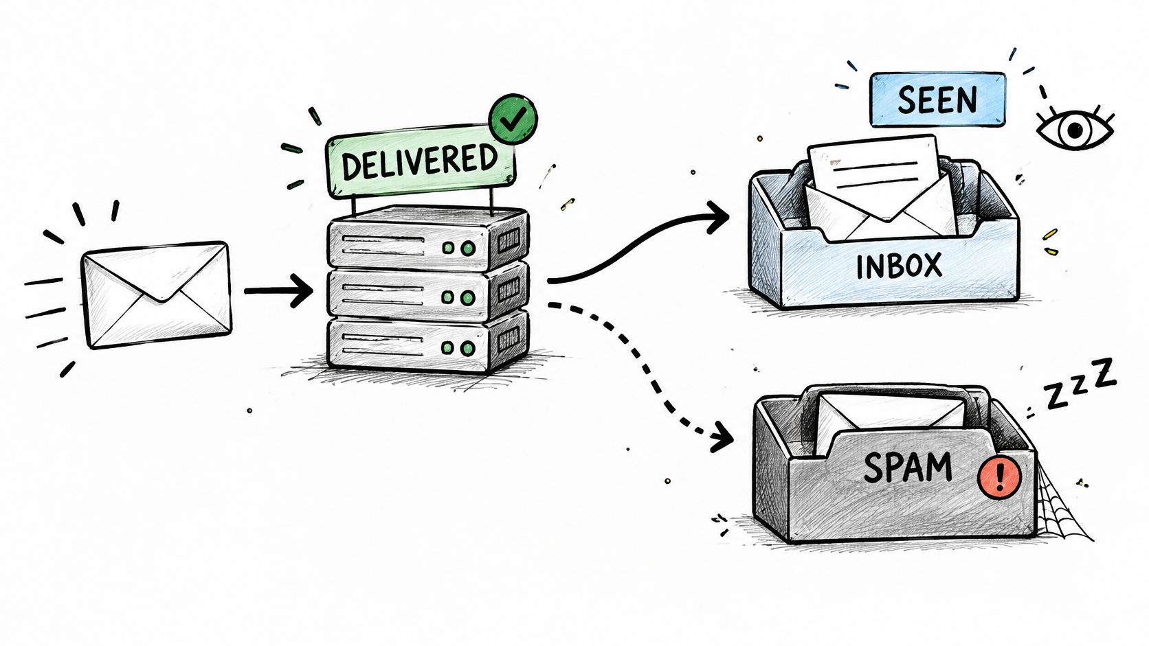 A hand-drawn illustration depicting an email being processed by a server into either inbox or spam folders.