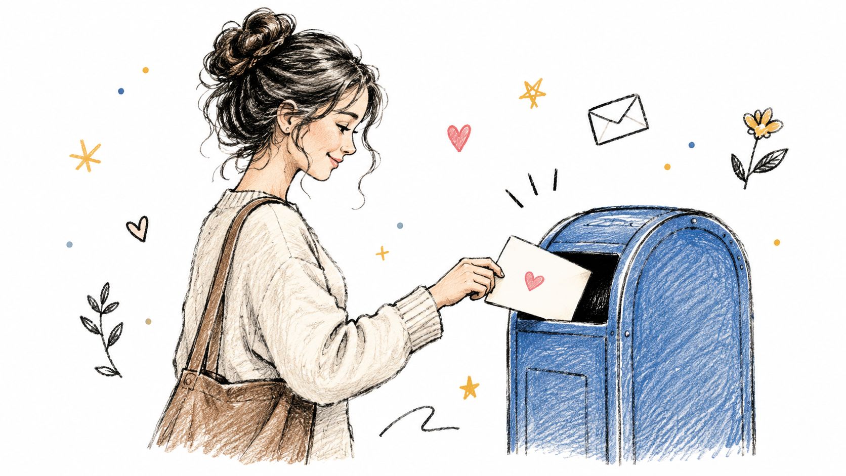 A hand-drawn illustration of a woman in a sweater mailing a love letter in a mailbox.