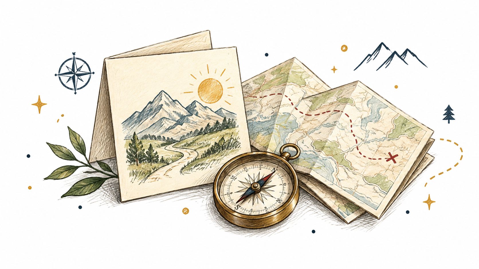 An illustration of a birthday card featuring mountain scenery, a folded paper map, and a vintage compass.