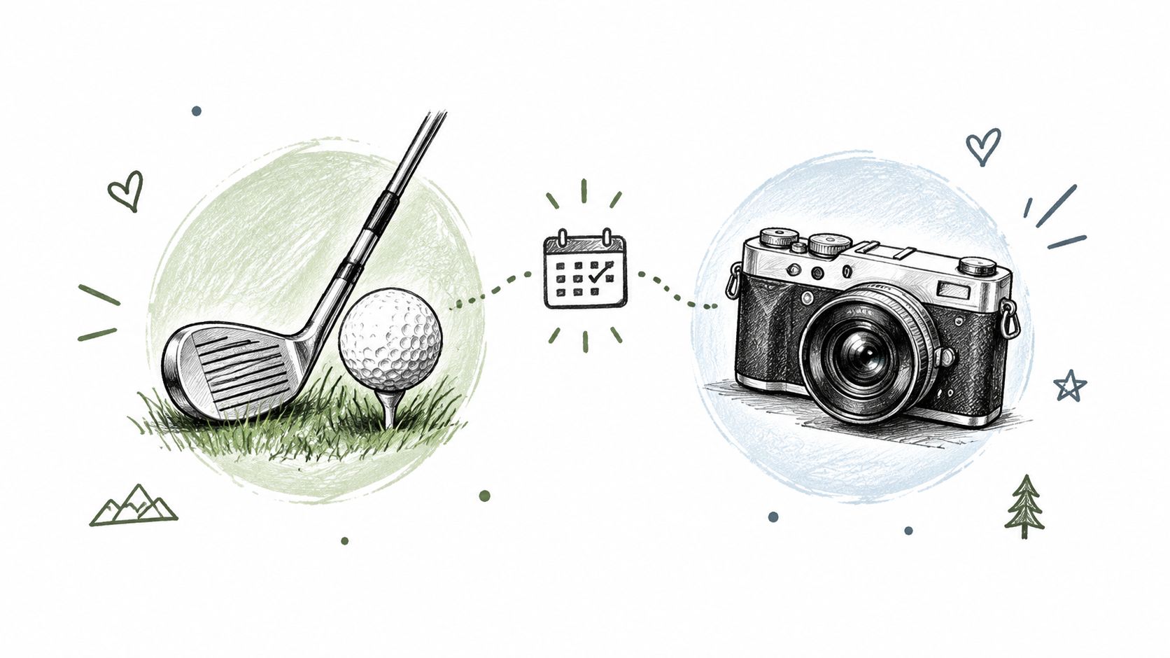 A hand-drawn illustration featuring a golf club, a golf ball, a calendar, and a vintage camera.