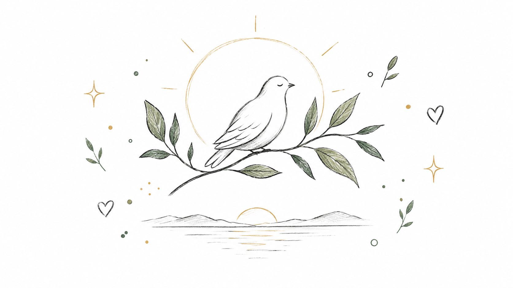 A delicate pencil sketch illustration of a bird perched on a leafy branch against a sun backdrop.