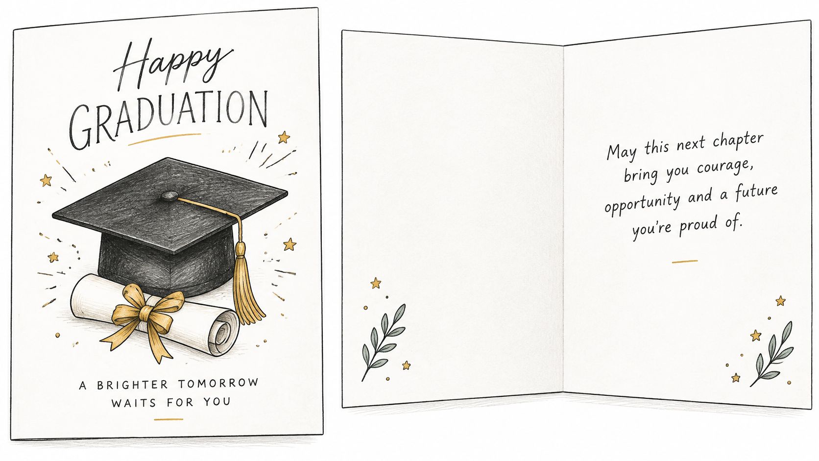 A greeting card for graduation featuring a mortarboard cap, a rolled diploma, and an inspirational message.
