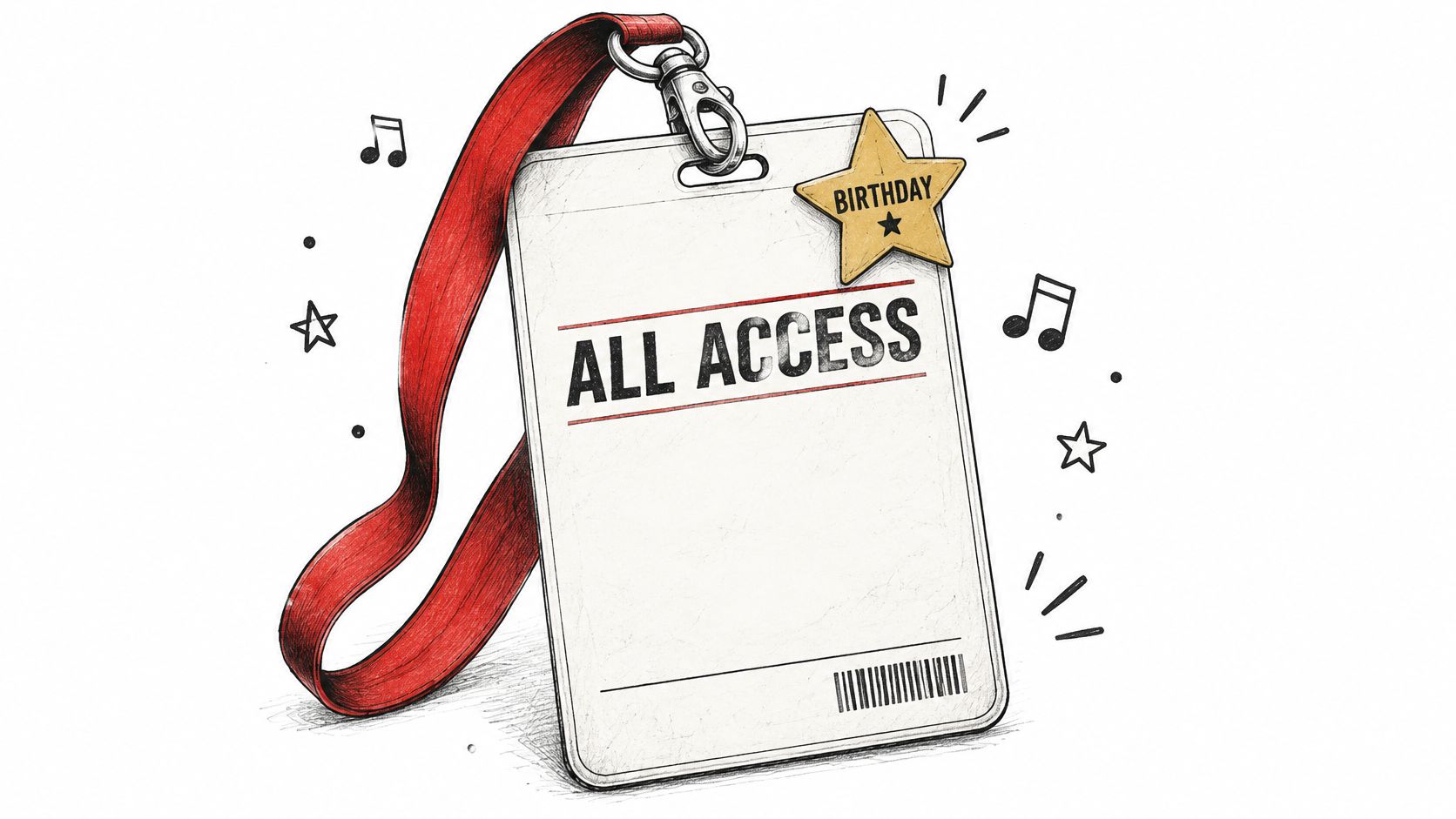A digital illustration of a birthday all access pass lanyard on a white background with musical notes.