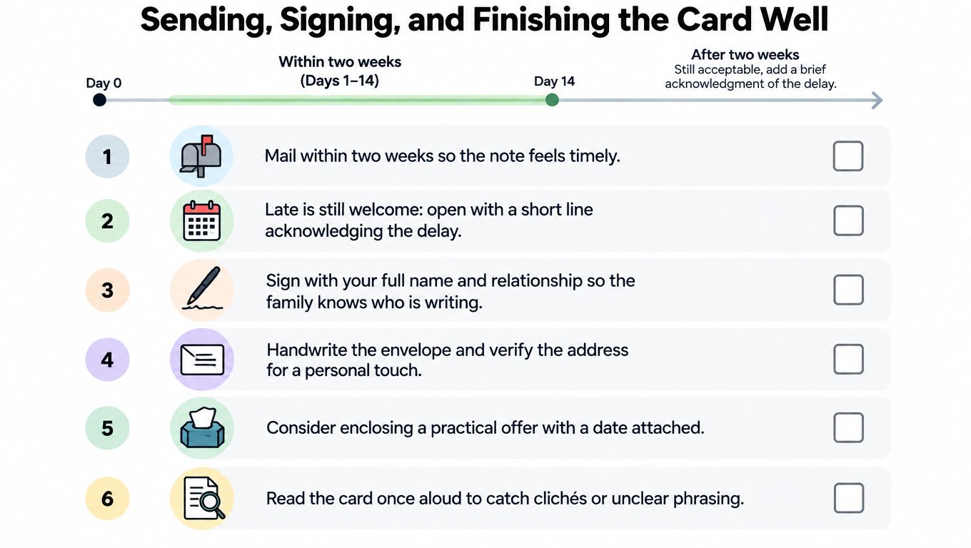 A checklist infographic titled Sending, Signing, and Finishing the Card Well, providing six steps for writing sympathy cards.