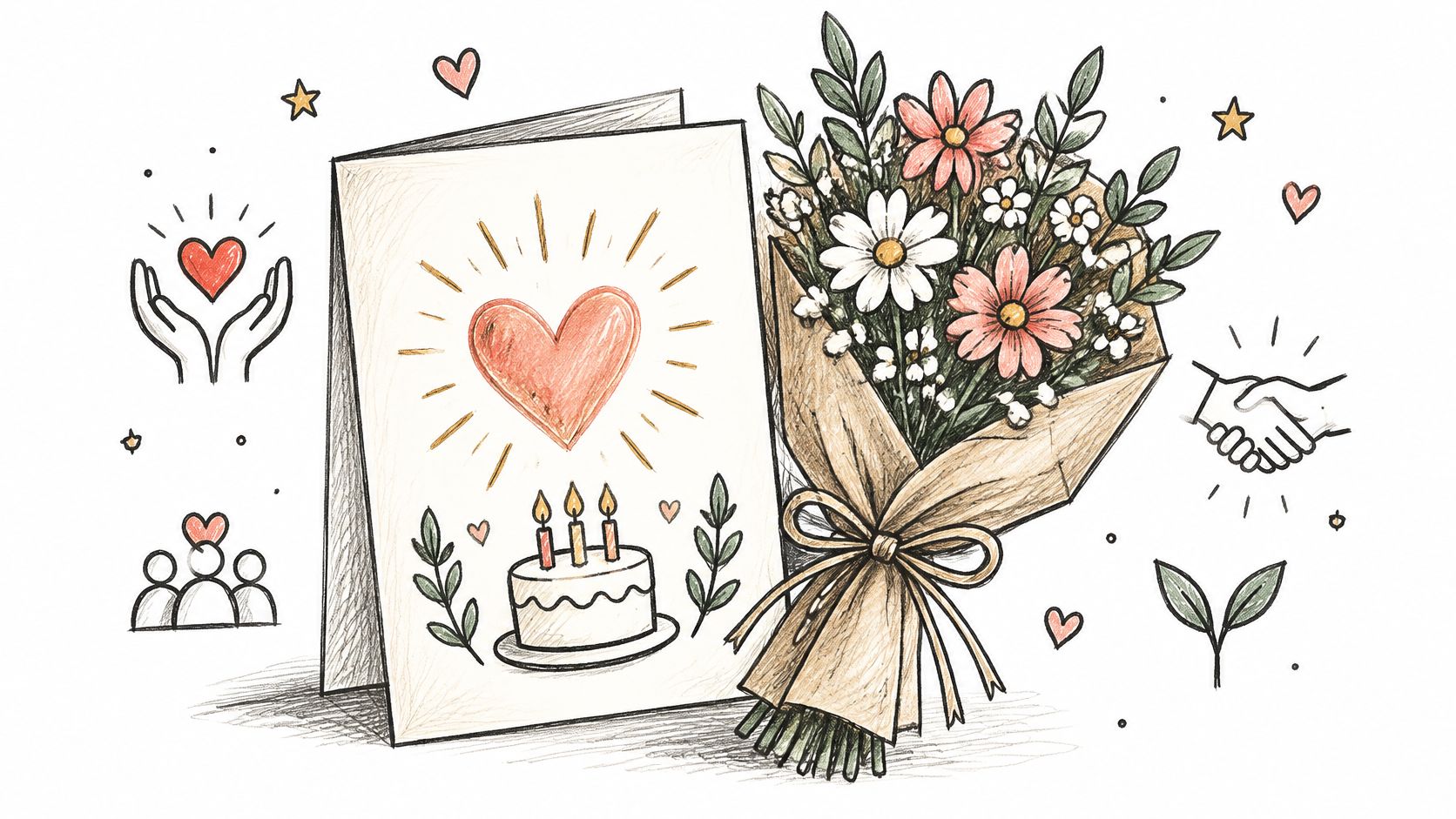 A hand-drawn illustration of a birthday card with a heart and cake next to a bouquet.