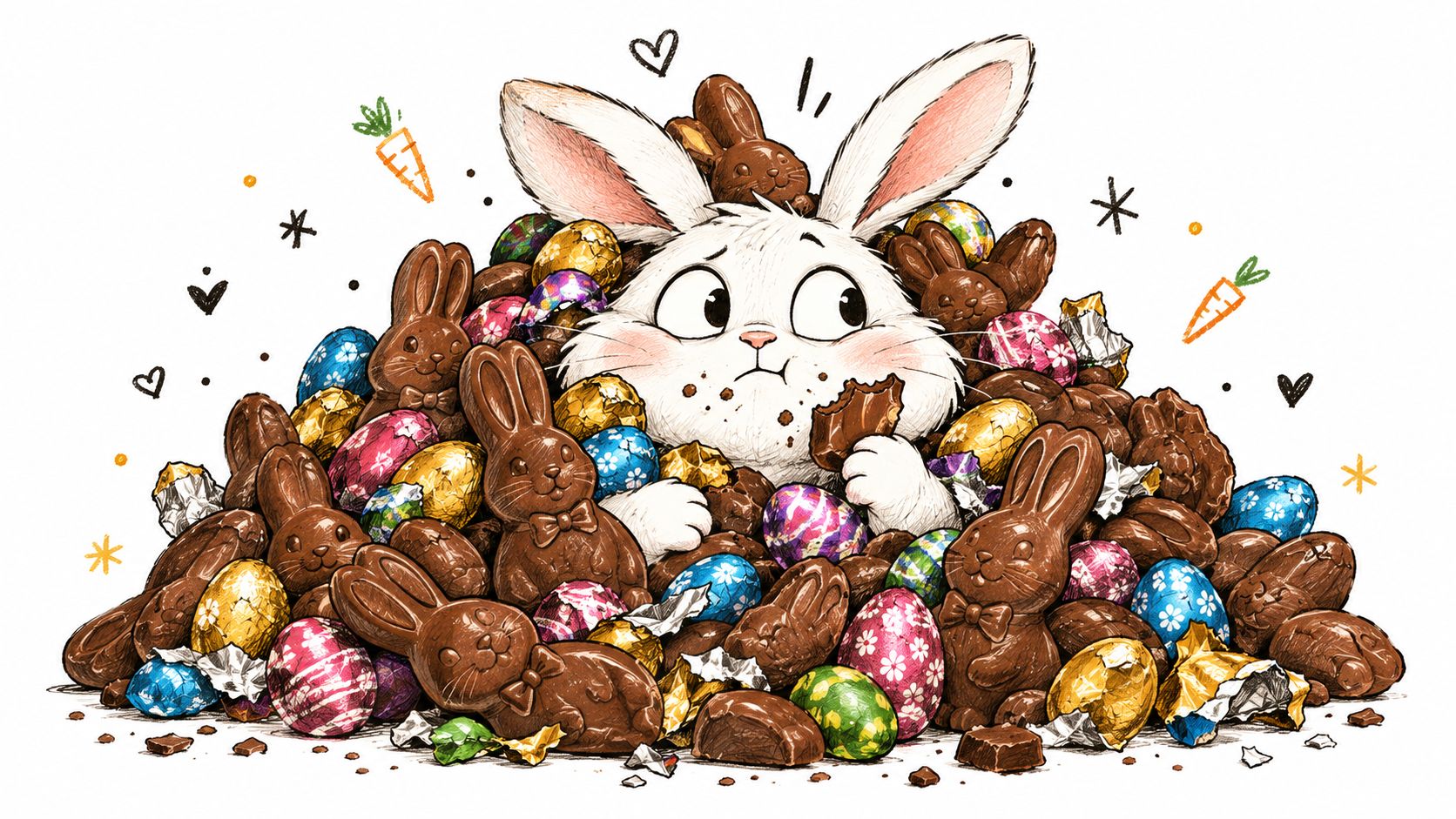 A cartoon white rabbit with crumbs on its face sitting inside a large pile of chocolate bunnies.